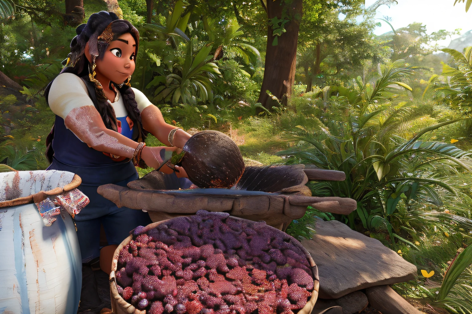 An indigenous woman, de pele morena e cabelos cacheados presos, de 50 anos de idade, com blusa de manga longa, Handles a large pot with acai berries, estilo disney pixar, melhor qualidade