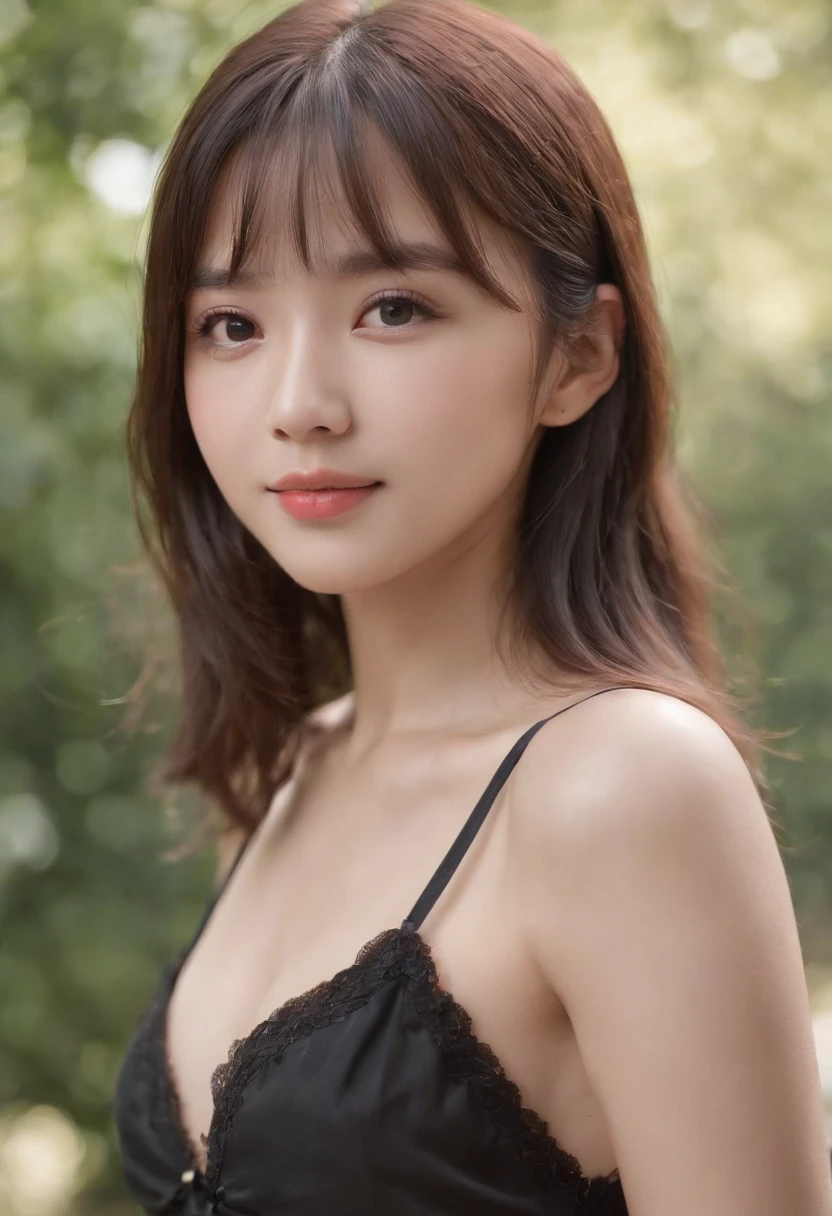 top-quality,Photorealsitic,​masterpiece,16k,独奏,1girl in、full bodyesbian、(((infp young woman))),sixteen years old、Medium length lashes、(small tits),((Look at viewers)),(look at a camera),(Medium Long Hairstyles）、(Straight black hair)、With bangs、Bright face、Gentle Japan girl、Cute smile、small tit、Pink Bra Shorts、Walk in the park