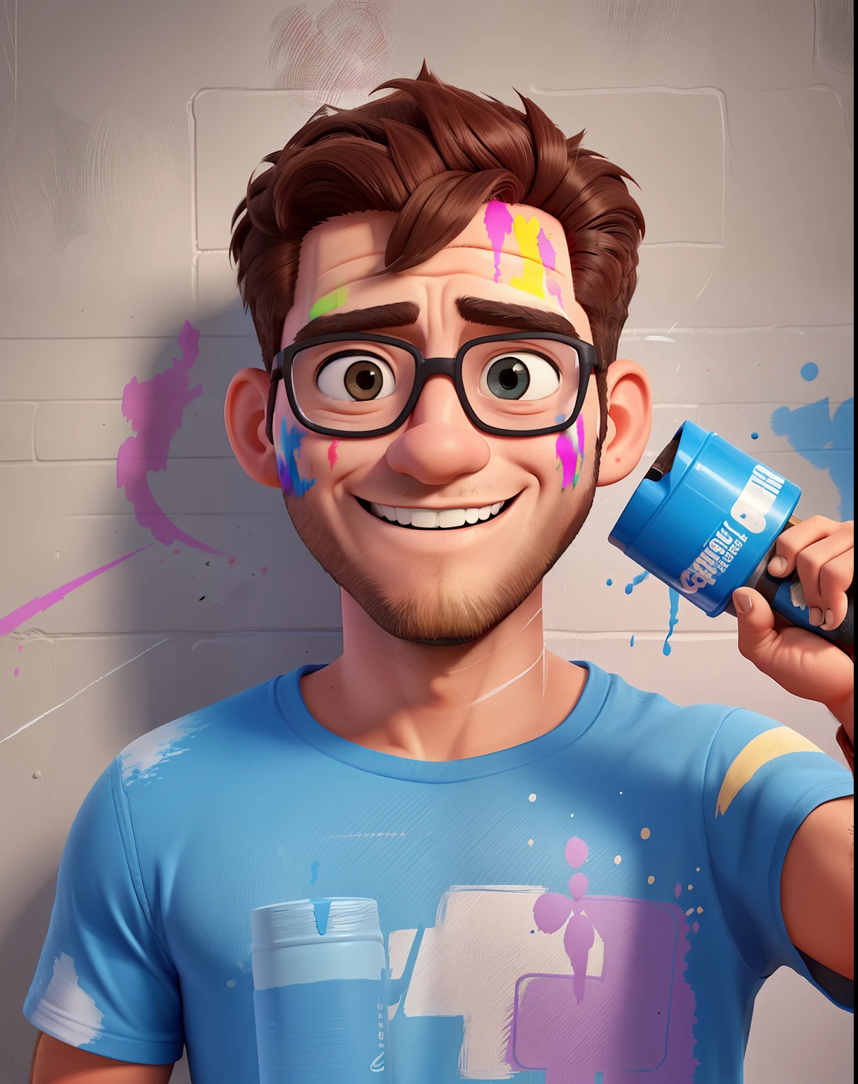 A 32-year-old man with paint mask, a can of spray paint pointing at the camera taking a very happy picture