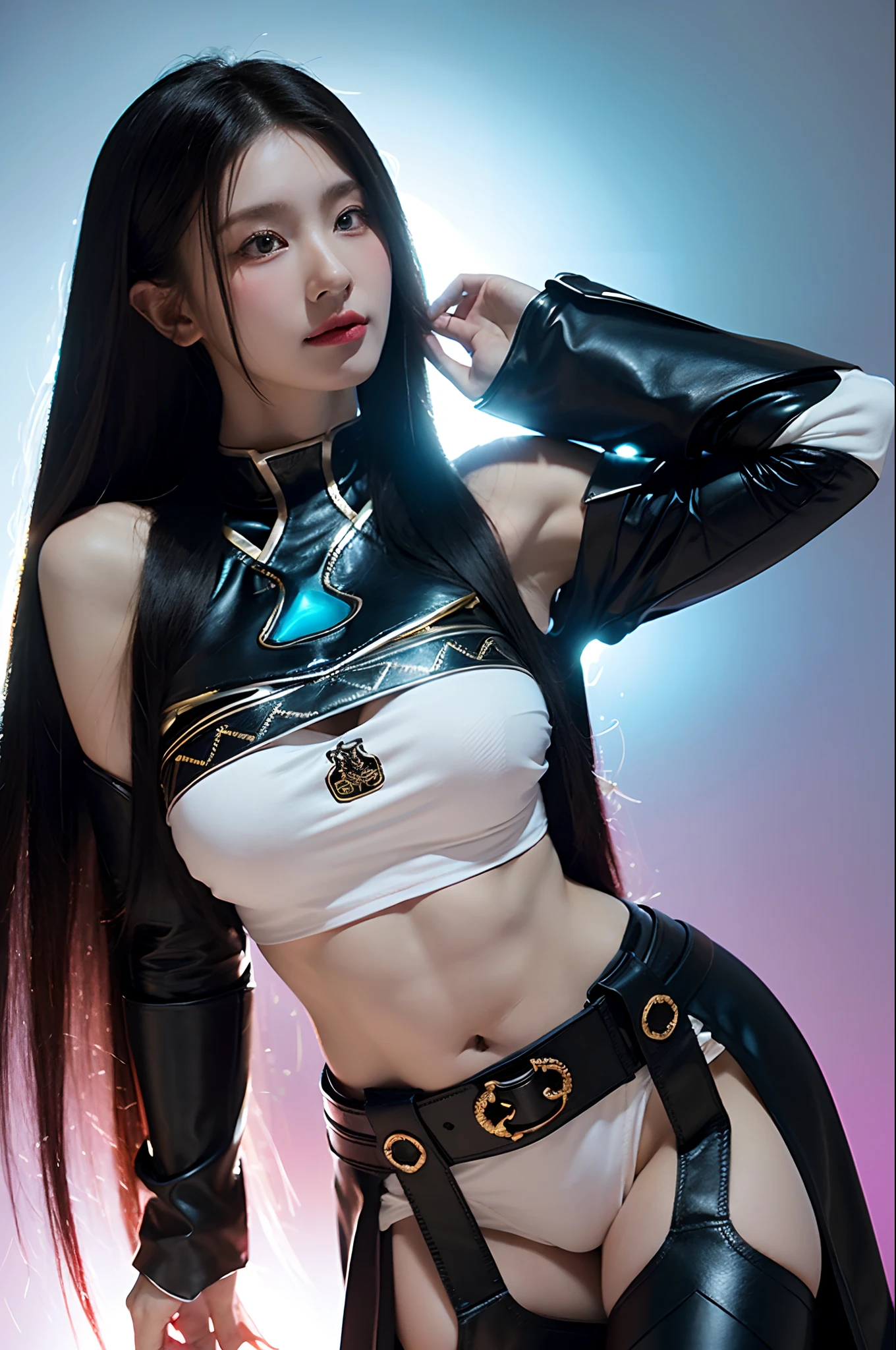 1girl, depth of field, official art, unity 8k wallpaper, ultra detailed, illustration, beautiful and aesthetic, masterpiece, best quality, knight, (big breasts), (milf, mature female), (black armor, armor, breastplate), beautiful face, (long hair, black hair, very straight hair:1.4, hime cut:1.4), blue eyes, cowboy shot, glowing skin, back lighting, athletic figure, muscular female, curvy, wide hips, colorful, looking at viewer, Hyperrealistic, gradient background, dark background, outline, fantasy, from the front, watercolor, traditional media, (chromatic aberration, intricate details)