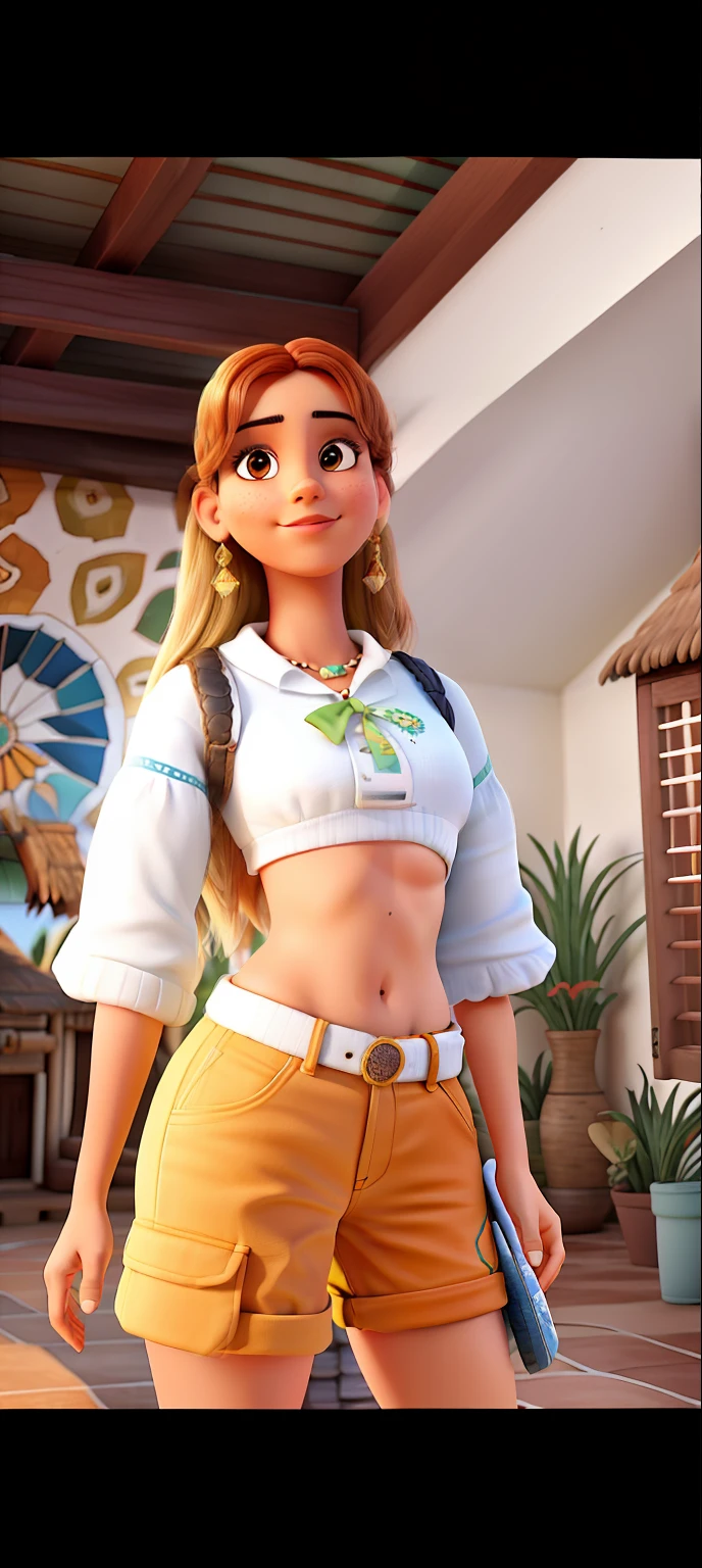 Uma garota latino americana branca loira, de short laranja, cropped branco, standing indoors, Behind her is a picture of an Indian, The roof of her house is white and tiled