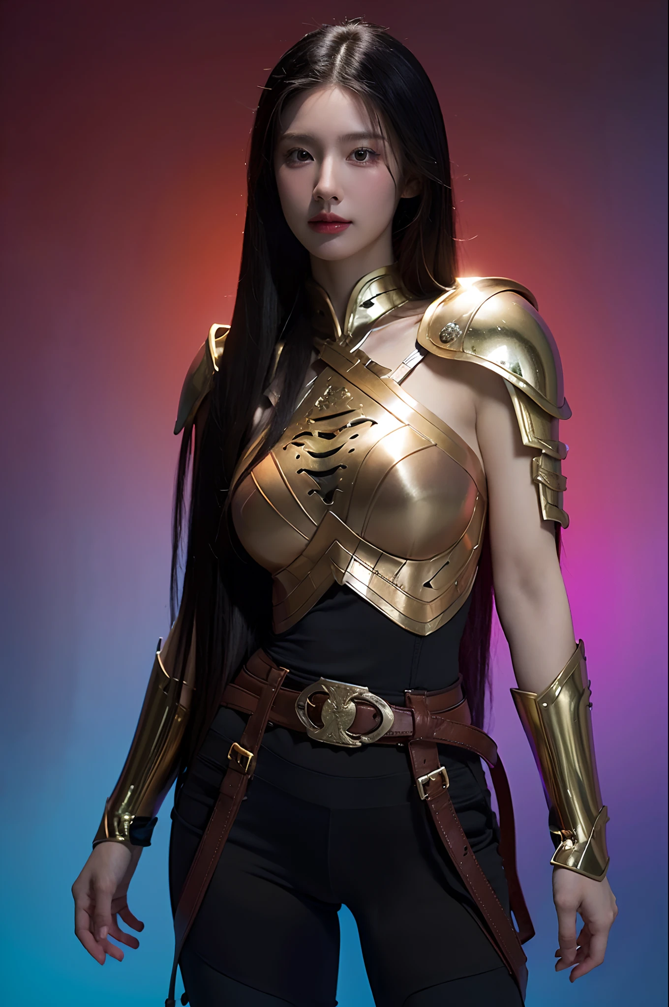 1girl, depth of field, official art, unity 8k wallpaper, ultra detailed, illustration, beautiful and aesthetic, masterpiece, best quality, knight, (big breasts), (milf, mature female), (black armor, armor, breastplate), beautiful face, (long hair, black hair,  very straight hair:1.4, hime cut:1.4), blue eyes, cowboy shot, glowing skin, back lighting, athletic figure, muscular female, curvy, wide hips, colorful, looking at viewer, Hyperrealistic, gradient background, dark background, outline, fantasy, from the front, watercolor, traditional media, (chromatic aberration, intricate details)