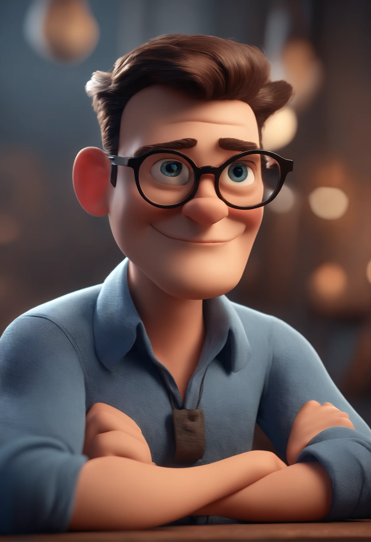 Cartoon character of a man with black glasses and a blue shirt, animation character, Caractere estilizado, animation style rendering, 3D estilizado, Arnold Maya render, 3 d render stylized, toon render keyshot, Personagem 3D, Personagem 3D, 3d rendering stylized, 3 d character render, personagem de desenho animado, Personagem de close up, Pose de personagem, (Estilo Pixar) (master part:1.2) (Bokeh) (best quality) (pele detalhada) (textura detalhada) (8k) (argila) (Cinematic lighting) (foco nítido