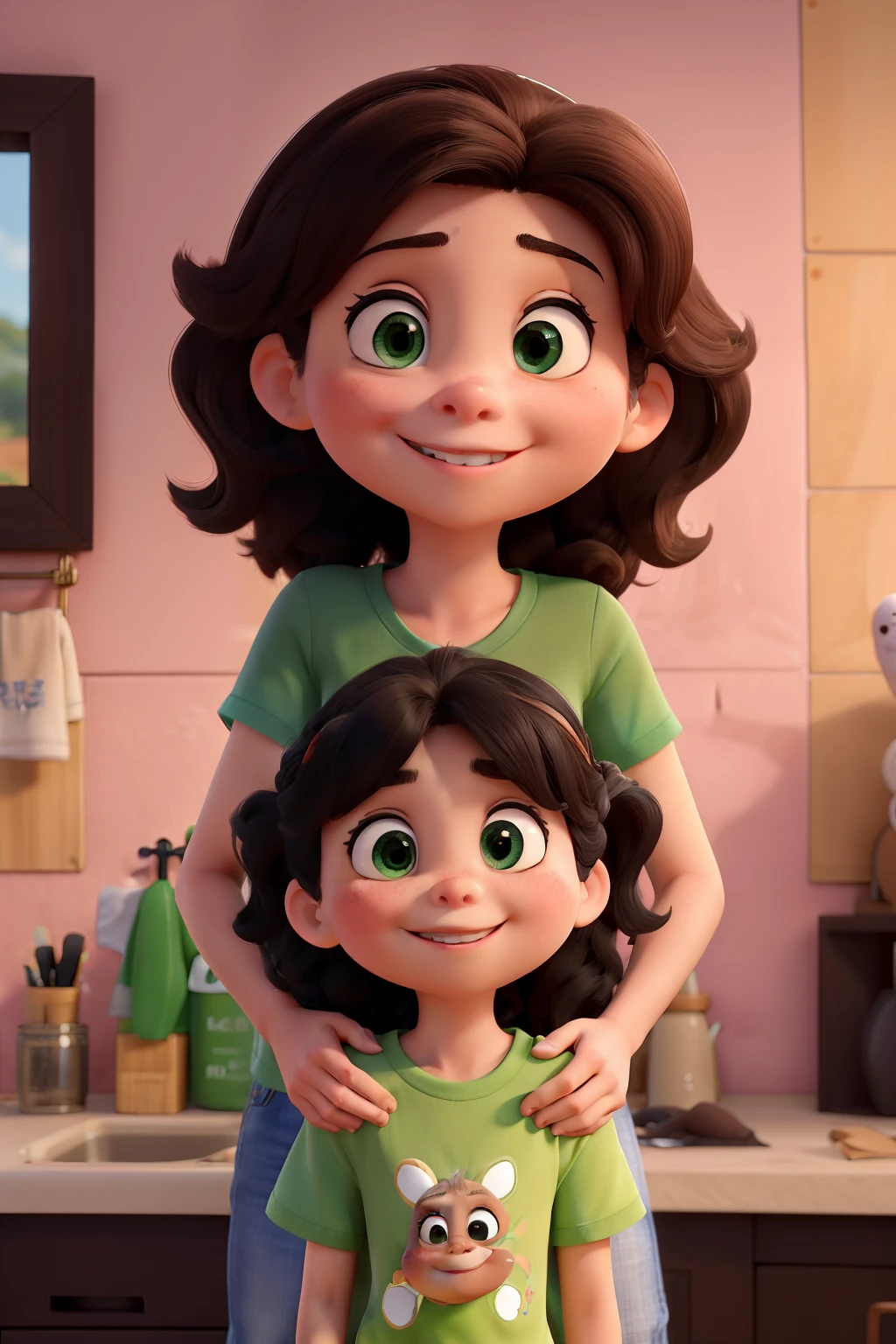 Obra-prima, de melhor qualidade, pai e filha, brancos, ele de cabelo liso e preto, a filha de olhos verdes e cabelo cacheado castanho, Hugging each other in a selfie, a filha de camiseta rosa e o pai de camiseta preta. Daughter is pouting kiss. O pai esta sorrindo. Pai do lado esquerdo e filha do lado direito.