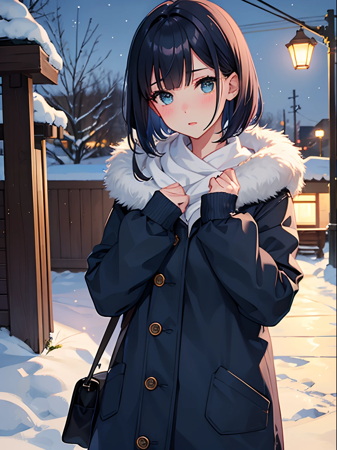 1girl in,Navy blue bob hair,Navy green eyes,Cute,blush,girlfriend,medium breasts, winter, outdoors, night, starry sky, warm clothes