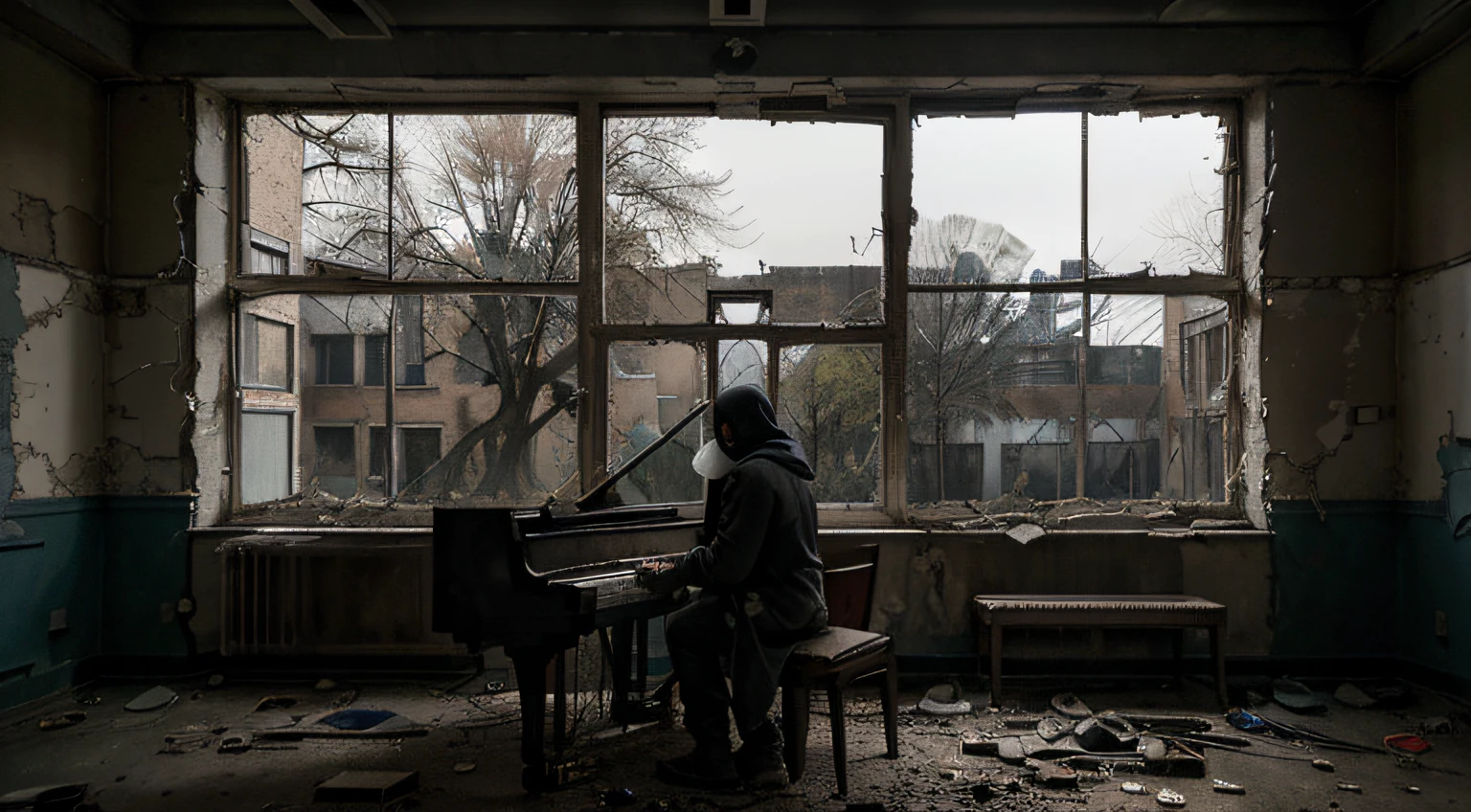 Desolation、Create an image of an abandoned psychiatric hospital, crumbling walls and powder々windows that became. Among the wreckage, A lonely figure with a tattered hood hiding his face, Creating an air of intrigue and ambiguity. In the corner stands an old piano, Casting an eerie moonlight over the scene.