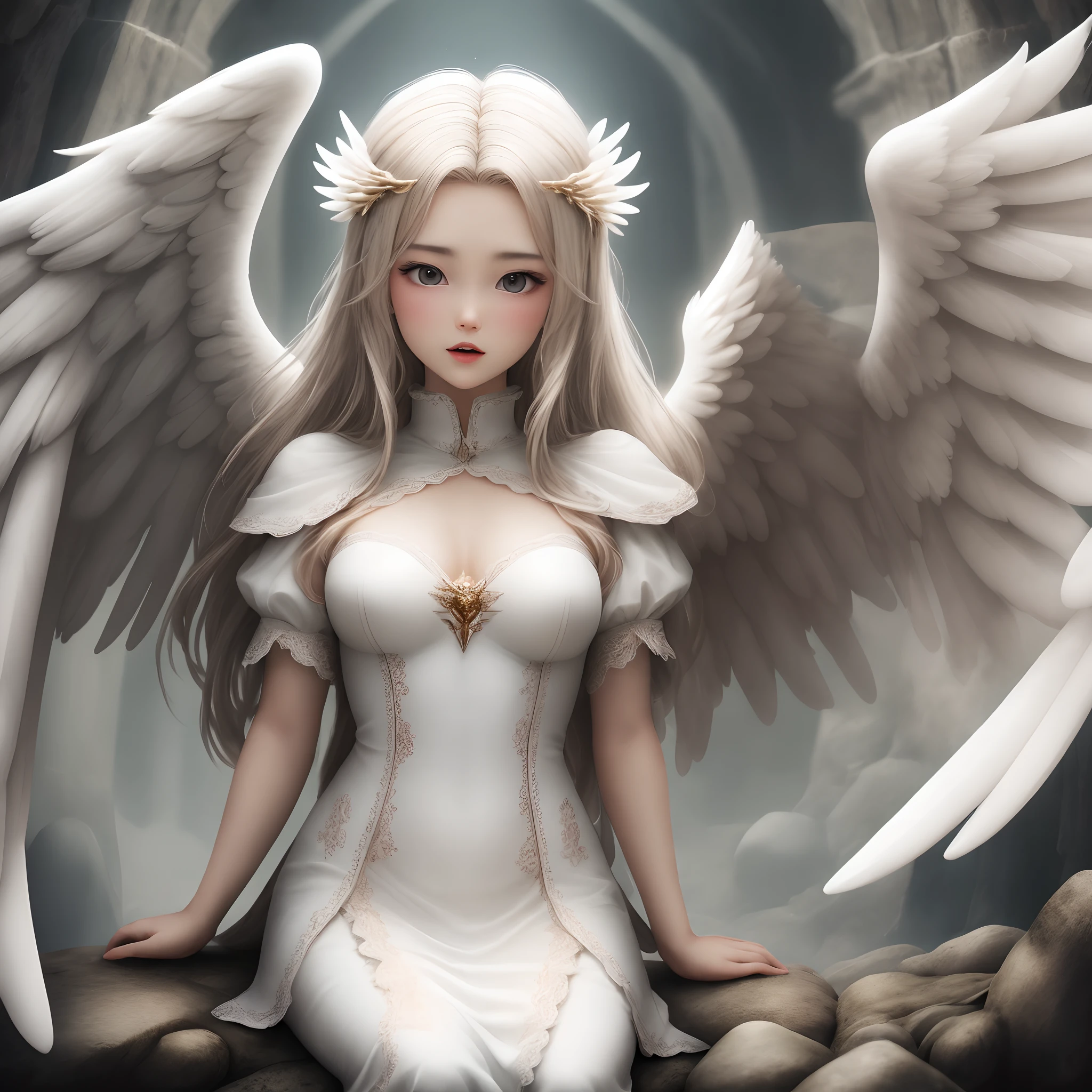 ultra realisitic、Wings of an Angel、Fair skin、a large breast、Official art、archangel、White and beautiful hair、White dress、ciel、Detailed details、ultra res、realphoto、necklac、deity々Shikai、Enveloping the light with your hands