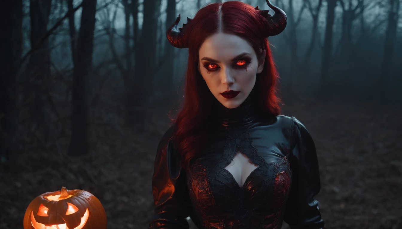 demon woman with pale skin and red glowing eyes holding an halloween pumpkin at night, dressed in latex, gothic aesthetic, halloween vibes, horror cinematic, ultra detailed, masterpiece.