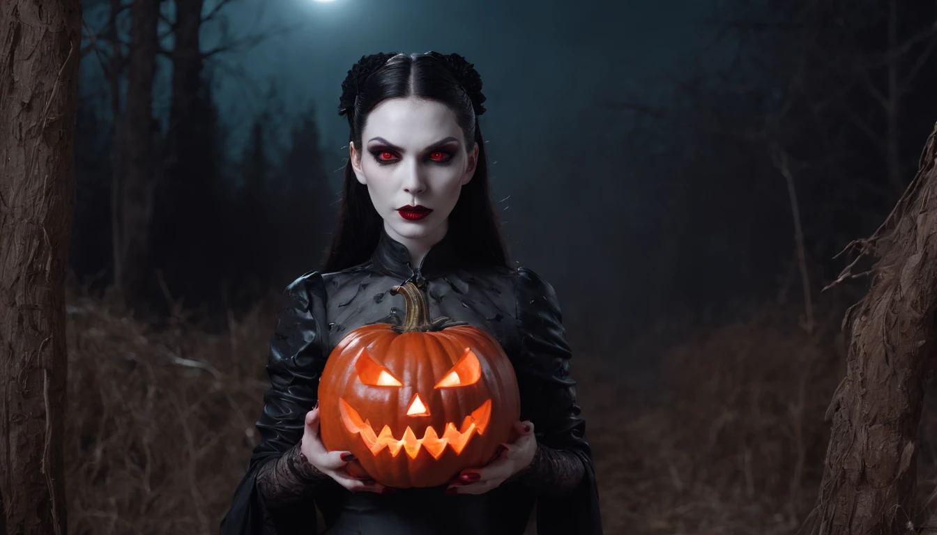 demon woman with pale skin and red glowing eyes holding an halloween pumpkin at night, dressed in latex, gothic aesthetic, halloween vibes, horror cinematic, ultra detailed, masterpiece.