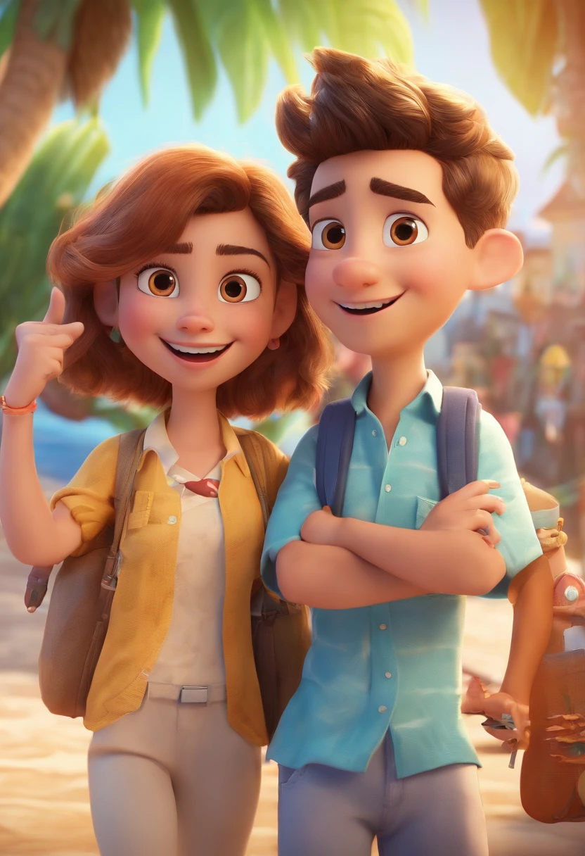 Cartoon of friends having fun on vacation together, 3D Animation Movie Poster, Poster de filme animado, pixar 3 d animation style, pixar renderman rendering, maia 8 mil, animated film, Disney Pixar Estilo 3D, amigos felizes saem juntos, all wearing light blue shirts and cream brown long pants, camisa azul clara, cream brown pants, ao ar livre, vacation, Disney Pixar Animation Poster