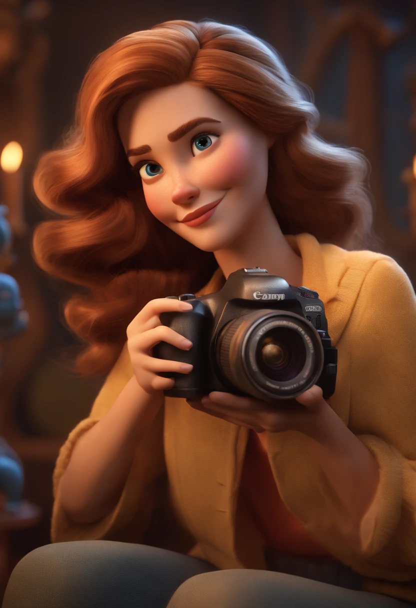 Pixar style image with 3D character white woman medium hair holding canon camera, Maquiagem Disney,Pescador, bonitinho, sorridente ,Close-up, Pixar, Disney, Cinema lighting,