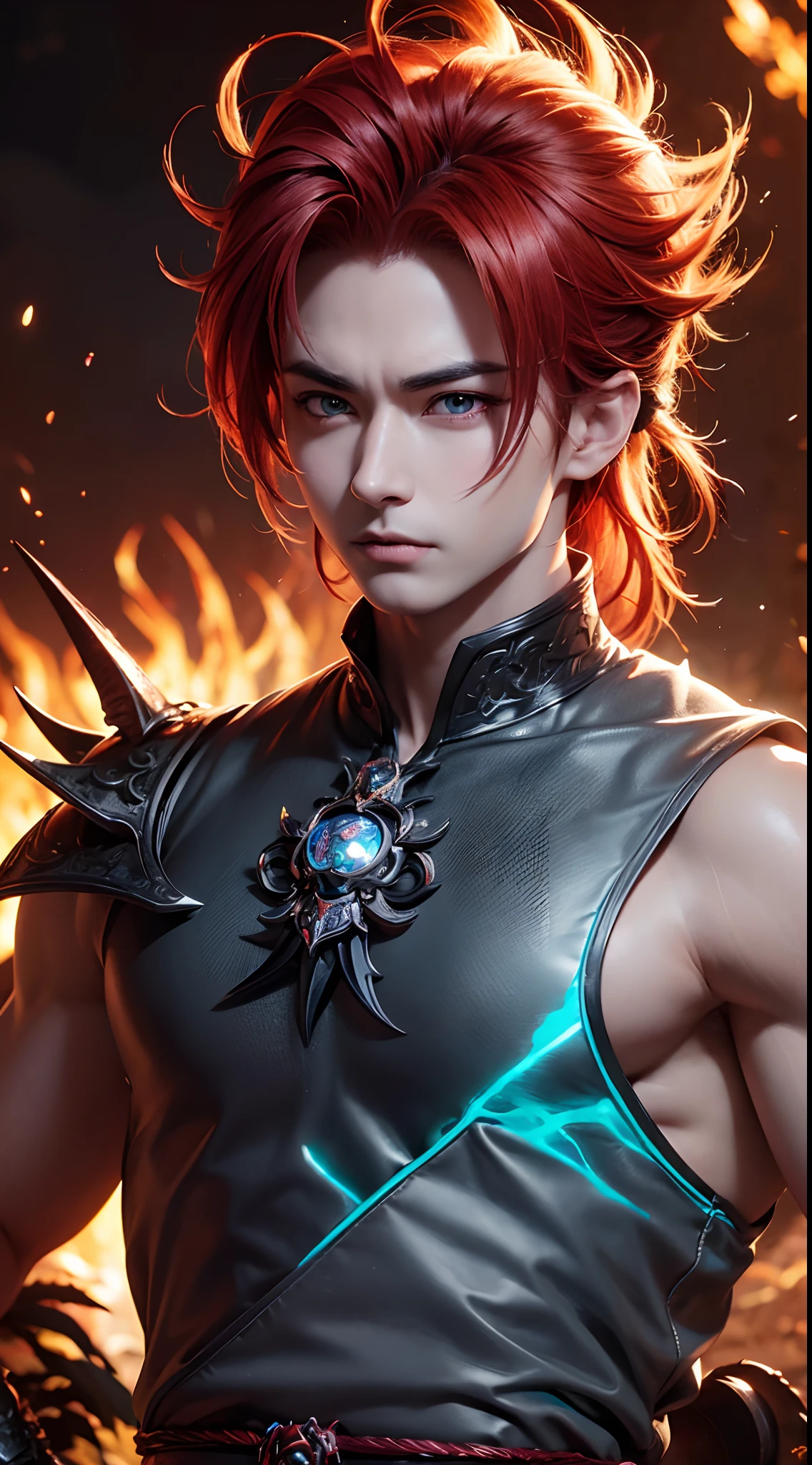 An 8k masterpiece, highest resolution, every detail, meticulous detail, depth of field, bright colors, beautiful composition: stunning take on an anime character Gohan with brilliant red hair and beautifully detailed glowing eyes, standing against a dark and ominous background. This handsome demon slayer is the epitome of bad guys in the world of fantasy art.