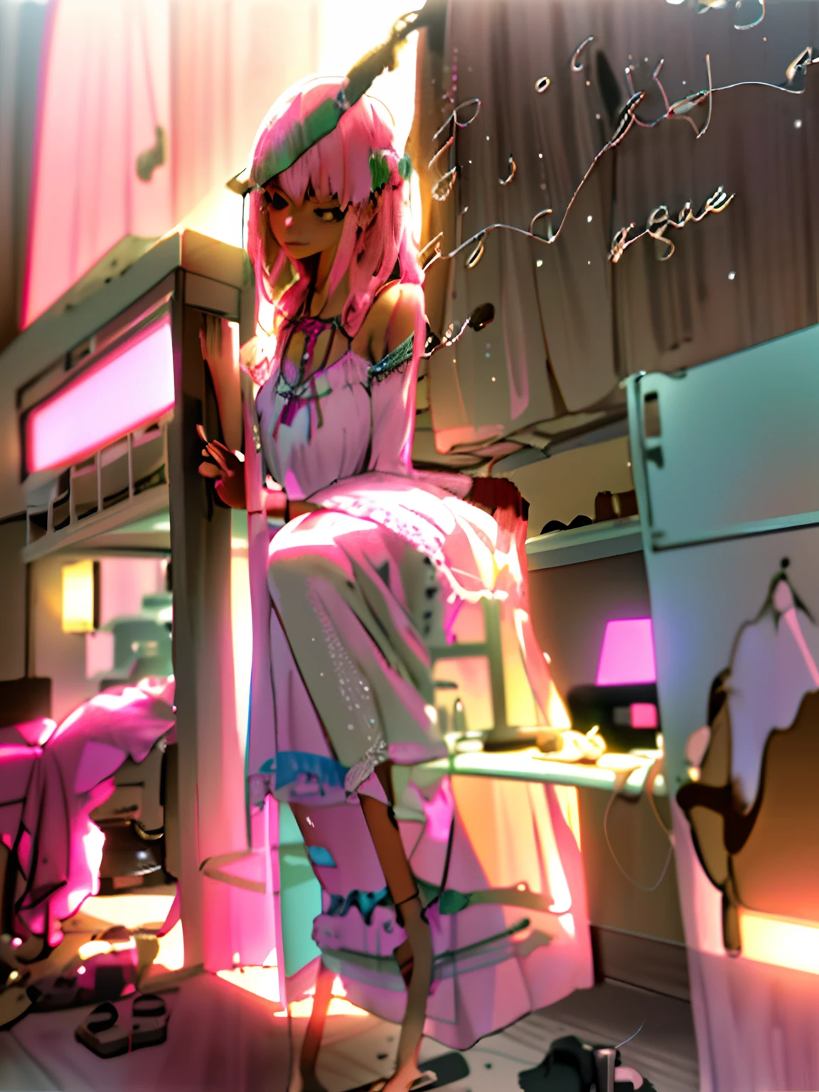 (Pastel color:1.2), (High detail RAW Photo), 1980s \(Style\), ((Light bar)), (Light yellow and rose pink environment:1.3) ((Close up:0.7)), (Extremely detailed skin, Photorealistic, heavy shadow, Dramatic and cinematic lighting, Key light, Fill light), Sharp focus, filmgrain, Grainy, Cinematic, Imperfect skin, fabrics, textured, Detailed face, Detailed skin, Warm Colors Natural Hand 2-3500, (Pastel color:1.1), (High detail RAW Photo), (Extremely detailed skin, Photorealistic, heavy shadow, Dramatic and cinematic lighting, Key light, Fill light), Sharp focus, filmgrain, Grainy, Cinematic, Imperfect skin, fabrics, textured, Detailed face, Detailed skin, Detailed fingers, Warm Colors Natural Hand 2-3500, (The upper part of the body_Body:1.2),(Seductive smile:1.1),(Boho_Chiffon_maxi_dress:1.5),(feater_shelmet:1.4),(Barefoot_sandals:1.3),