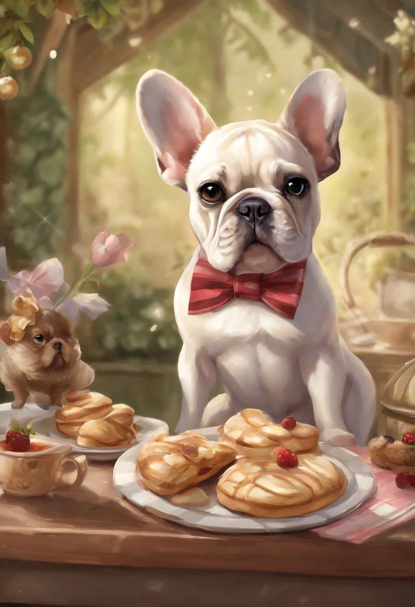 Anime-style photo of a french bulldog wearing a stripped shirt cream colored face and a mixed bulldog wearing a tutu and hair bow with ears pointing down sharing food, cute detailed digital art, high detailed official artwork, Adorable Digital Painting, Portrait of character, Background art, Anthropomorphic French Bulldog, by Yao Tingmei, Detailed key anime art