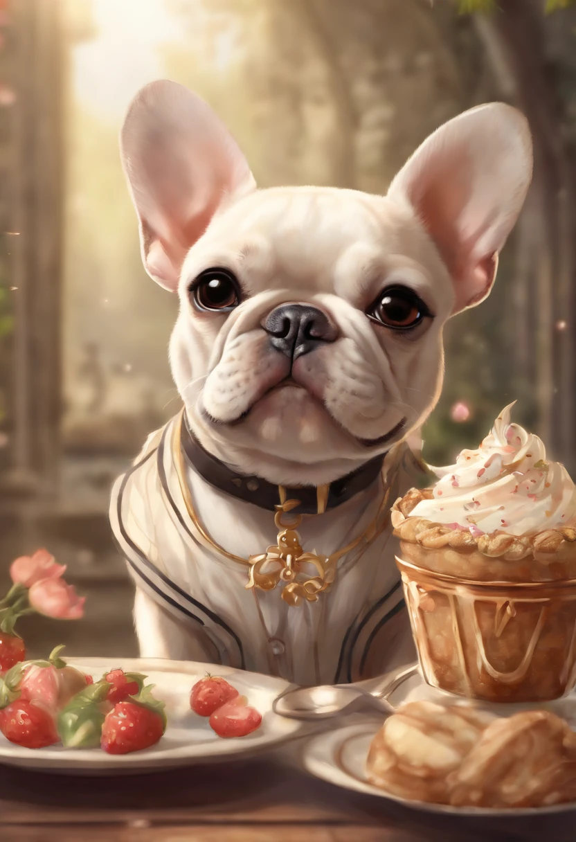 Anime-style photo of a french bulldog wearing a stripped shirt cream colored face and a mixed bulldog wearing a tutu and hair bow with ears pointing down sharing food, cute detailed digital art, high detailed official artwork, Adorable Digital Painting, Portrait of character, Background art, Anthropomorphic French Bulldog, by Yao Tingmei, Detailed key anime art