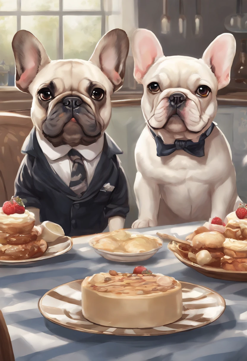 Anime-style photo of a french bulldog wearing a stripped shirt cream colored face and a mixed bulldog wearing a tutu and hair bow with ears pointing down sharing food, cute detailed digital art, high detailed official artwork, Adorable Digital Painting, Portrait of character, Background art, Anthropomorphic French Bulldog, by Yao Tingmei, Detailed key anime art