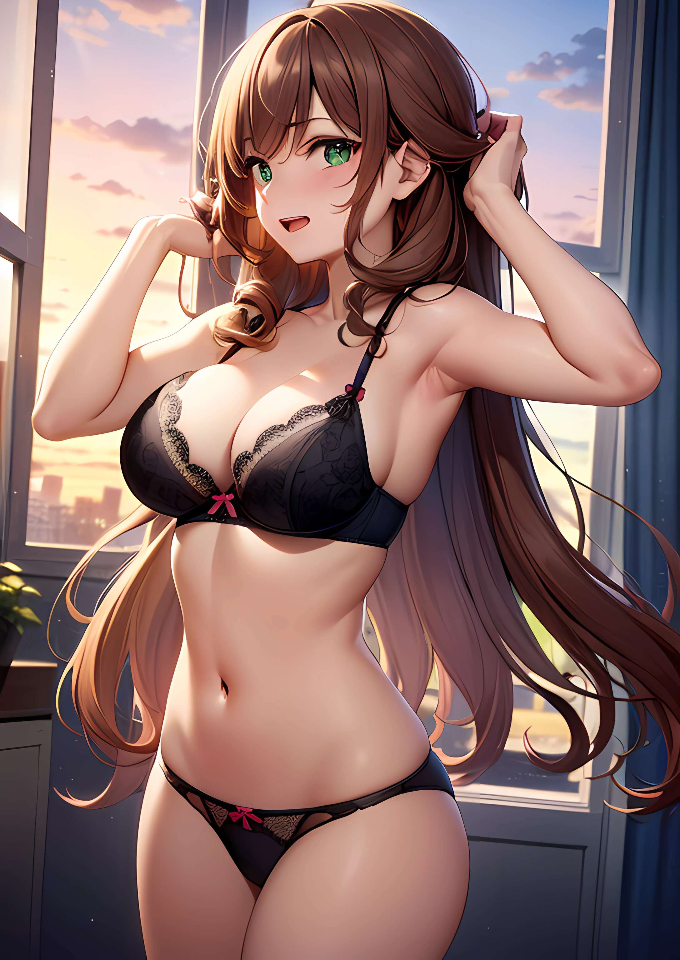 ((masterpiece, best quality, highres, UHD, perfect pixel, depth of field, 4k, RTX, HDR)), 1girl, single, solo, 24 years old, beautiful anime girl, beautiful artstyle, anime character, ((long hair, bangs, brown hair, curly hair)), (green eyes:1.4, rounded eyes, beautiful eyelashes, realistic eyes), (detailed face, blushing:1.2), (smooth texture:0.55, realistic texture:0.65, photorealistic:1.2, cinematic, anime CG style), medium breasts, perfect body, busty, cleavage, armpit, (POV, close up), ((summer clothes, lingerie, bra, panties, underwear)), (indoor, beside the window), ((side light, natural light, sunrise)), sly smile, open mouth, looking at viewer