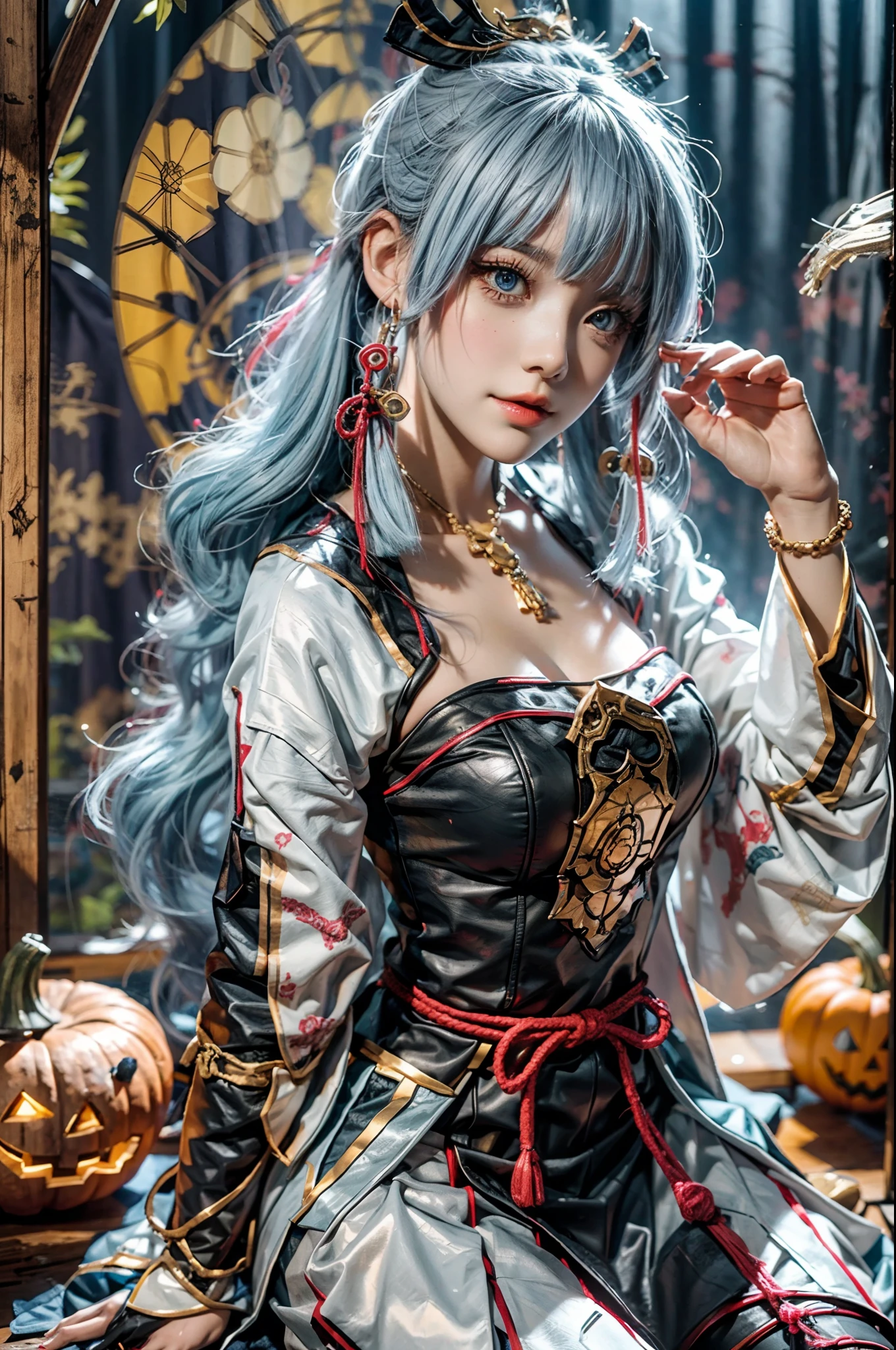 A girl,cosplaying Ayaka from the game Genshin impact, with a Halloween background, sitting,full body, pumpkin lantern, highest quality (best quality, masterpiece:1.1) and has a realistic appearance (realistic:1.4),pale white-blue hair, looking at viewers,front view,The focus is on the detailed depiction of the girl's face, specifically her beautiful eyes, detailed lips, and long eyelashes. The girl is dressed in a cosplay costume of the character Ayaka from Genshin impact, and the scene is set against a Halloween-themed background. The colors of the portrait are vibrant and vivid. The lighting is well-balanced, highlighting the girl's features and creating a visually appealing atmosphere,UHD, masterpiece, super detail, high quality, best quality, highres, 4K, 8k, anatomically correct, super detail