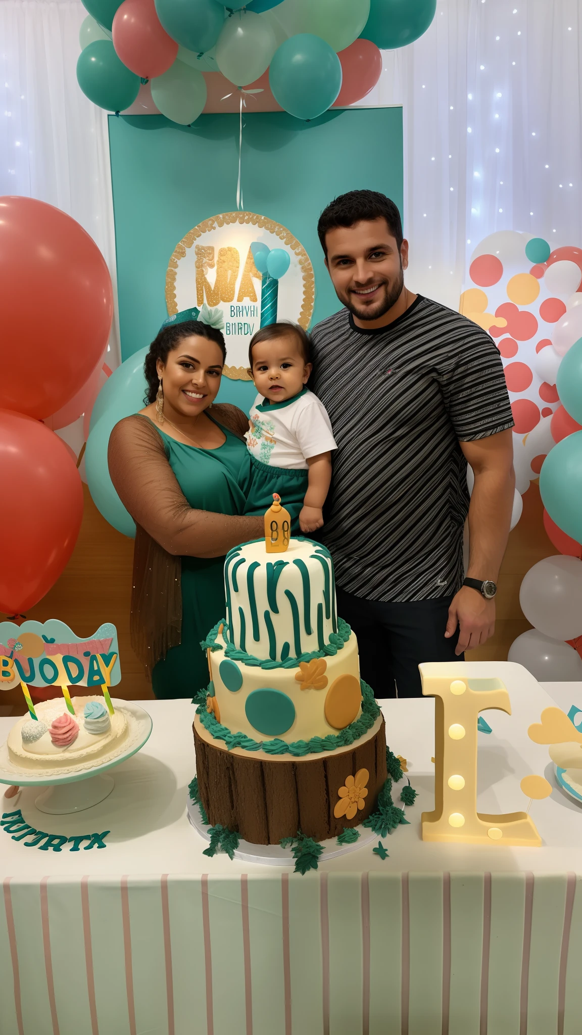 There are two people next to a table with a cake and a baby, marido esposa e filho, 3 5 year brazilian mother, 🐿🍸🍋, Directed by: Nandor Soldier, festa industrial, estilo toy story, pano de fundo, 1614572159, Happy family, birthday party, Malika Favre, hight decorado