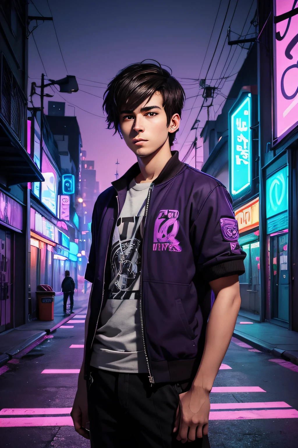 Character half aside, male, boy, 26 years old, no beard,dark brown hair, grey eyes, short hair, calm. wise, background with neon purple graffiti, utopian city, Surrealism, Minimalism, Expressionism, anime style, drop shadow, film grain, vignetting, silhouette, 1080P, anatomically correct