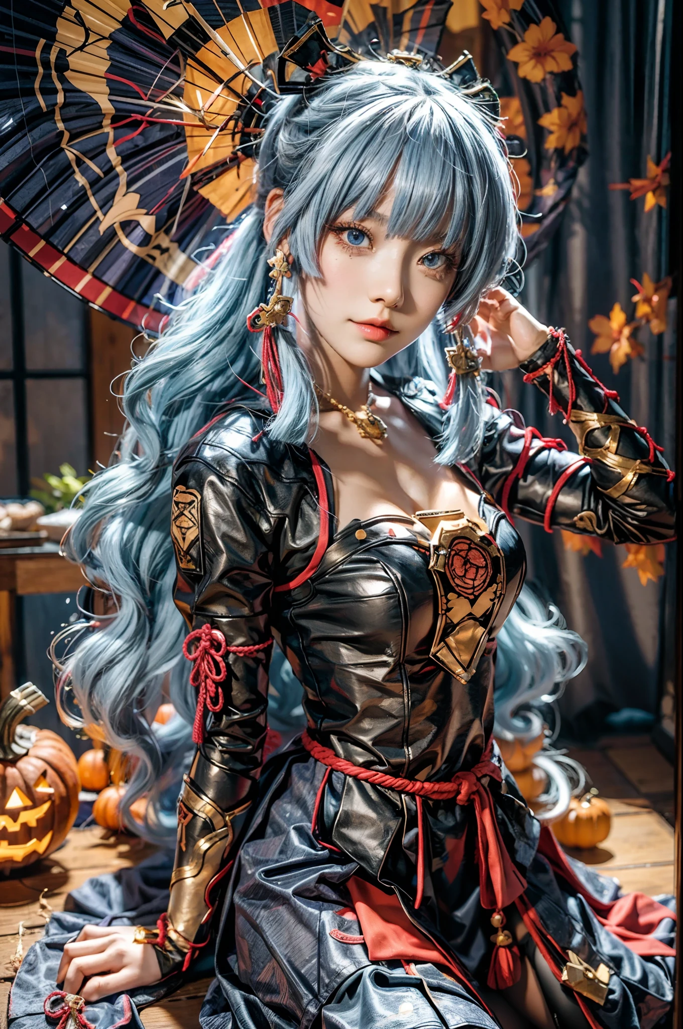 A girl,cosplaying Ayaka from the game Genshin impact, with a Halloween background, sitting,full body, pumpkin lantern, highest quality (best quality, masterpiece:1.1) and has a realistic appearance (realistic:1.4),pale white-blue hair,The focus is on the detailed depiction of the girl's face, specifically her beautiful eyes, detailed lips, and long eyelashes. The girl is dressed in a cosplay costume of the character Ayaka from Genshin impact, and the scene is set against a Halloween-themed background. The colors of the portrait are vibrant and vivid. The lighting is well-balanced, highlighting the girl's features and creating a visually appealing atmosphere,UHD, masterpiece, super detail, high quality, best quality, highres, 4K, 8k, anatomically correct, super detail