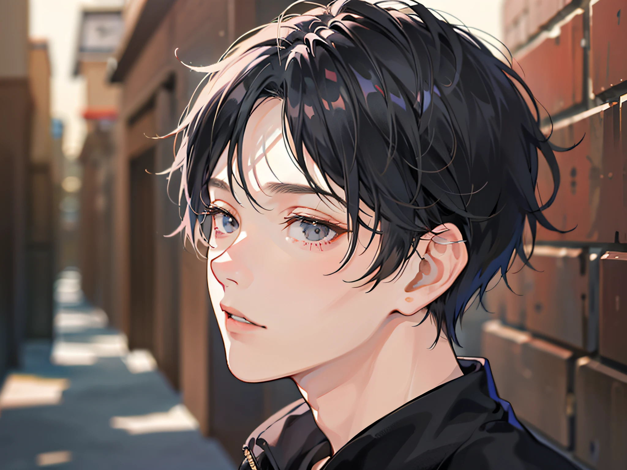 masutepiece, Detailed picture,Single male,late 20s age, The upper part of the body, A dark-haired, Black eyes, gloom, Reach out to the viewer,Dynamic Angle,Wearing a sweatshirt,Reviewer is watching, background is back alley