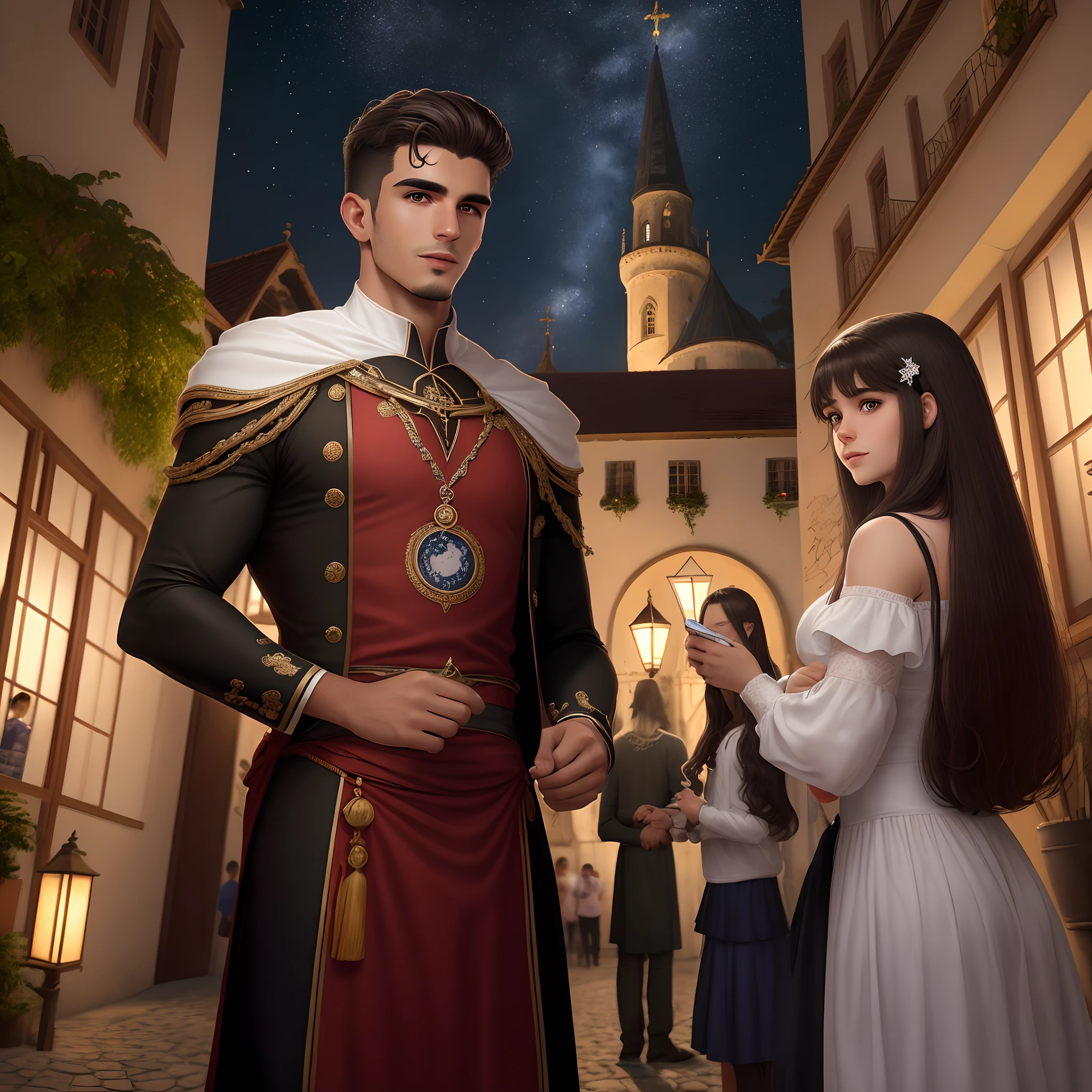 Homem brasileiro, 31 anos, jovem, moreno claro, 1,83 m, corpo forte e definido, cabelo preto, liso, Split in the middle and long to shoulder height. Usando roupas sociais pretas, Holding tarot cards in your hand in a German village, com um castelo de fundo durante a noite de lua cheia