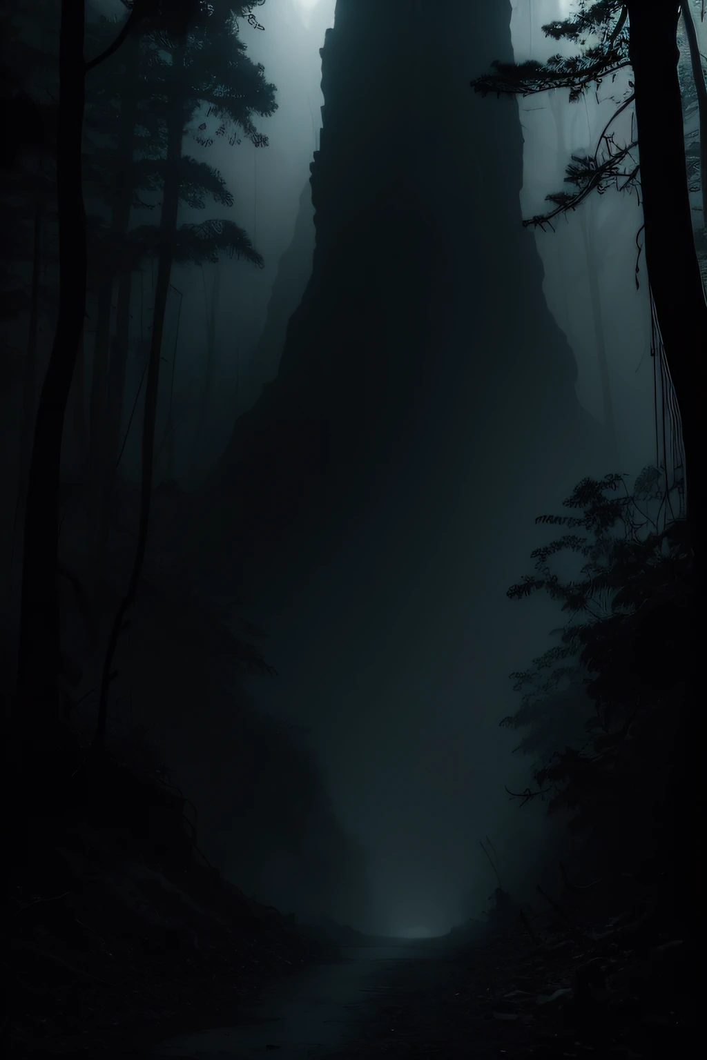 Best Jungle Landscapes, Fog and dry wood々Dark forest at night, calavera, Ombre, surrealism, top-quality, ultra realist, Definition of high price, Very detail-oriented, high saturated, High contrast, masterpiece, MACABRO, Left Side, murky, suicide, Hanged Executioner, noose