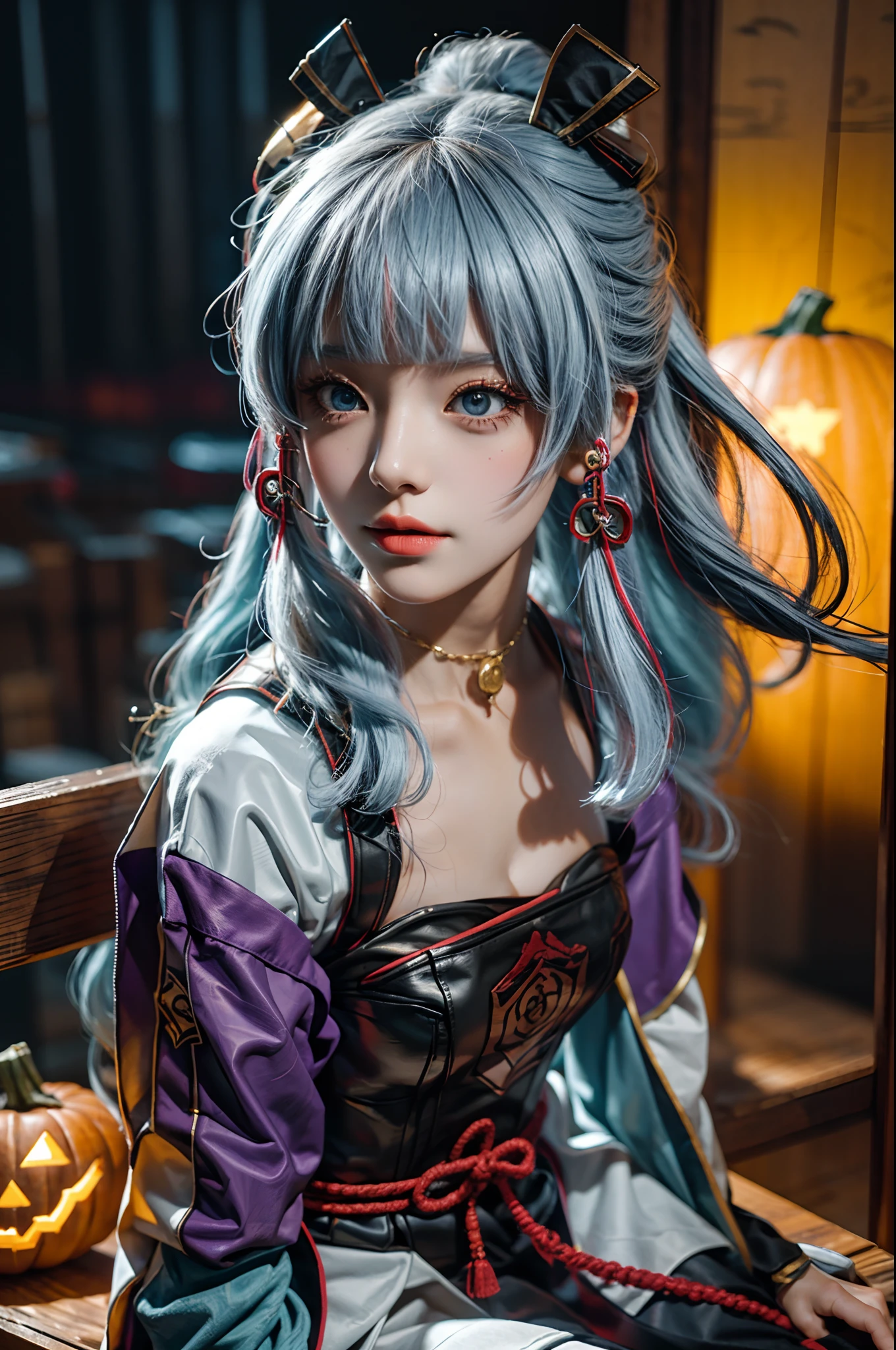 A girl,cosplaying Ayaka from the game Genshin impact, with a Halloween background, sitting,full body, pumpkin lantern, highest quality (best quality, masterpiece:1.1) and has a realistic appearance (realistic:1.4),pale white-blue hair,The focus is on the detailed depiction of the girl's face, specifically her beautiful eyes, detailed lips, and long eyelashes. The girl is dressed in a cosplay costume of the character Ayaka from Genshin impact, and the scene is set against a Halloween-themed background. The colors of the portrait are vibrant and vivid. The lighting is well-balanced, highlighting the girl's features and creating a visually appealing atmosphere,UHD, masterpiece, super detail, high quality, best quality, highres, 4K, 8k, anatomically correct, super detail