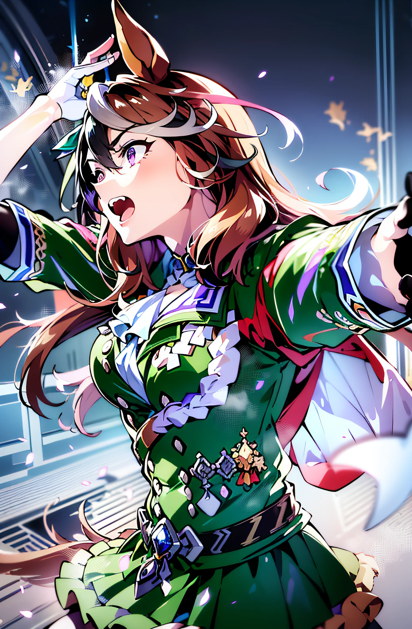 (top-quality:1.3), (masterpiece:1.4),(Anatomically correct), (Full limbs),(complete fingers),(Precise fingertips), (Fine details),(8K),Photorealista,(Super Detail),(90s Anime,9 0 s anime,9 0 s anime style,anime cels,cel shaded anime),(Symbolic Rudolph (Umamusume):1.52), horse ear, animal ear, 独奏, Horse Girl, tailed, Horse's tail, thighs thighs thighs thighs, brown haired, gloves, length hair, O cabelo multicolorido, black thighhighs, white glove, epaulette, Single epaulette, striated hair, Cape, a purple eye, red cape, jewely, ascot, long-sleeve, white hair, Black footwear, 耳Nipple Ring, White Ascot, Single earring, skirt by the, Ezirre, (Green jacket:1.5), frilld, jaket, hair between eye, (Green skirt:1.5), Ruffled skirt, a closed mouth, bangss, buttoning, gold trim, a belt, Green dress, doress, medal, (1人の女性:1.5), Beautiful face, Intense lighting),raw, Dramatic light, 1 girl, ((rage)), Color Theme Red, Dramatic light, Violence Everywhere, Bloody destruction of corpses in the background, Dark and blurry background, (angry expressions:1.4), (Raging Eyes:1.2), ), Mental breakdown, intimidation, Ways to harm, (irate:1.4), revenge, rage, destruction, murder, Maniacal,magician, spell magic, Magic Circle, ((magic in hand)),(using light magic:1.4),water magic, imaginative overlays, artistic fusion,fantastical scenes, evocative narratives, striking visuals,((Depth of field and blur)), ((watercolor paiting)), Large breasts, Bare shoulders, Flowers and petals, Conceptual diagram of Bevera , (White background:0.5), (Illustration :1.1), (Very thin and beautiful: 1.1), (perfect detail: 1.1) Doodle style background, liberta, souls, Digital Illustration, Perfect Anatomy, Centered, Approaching perfection, Dynamic, Highly detailed, Watercolor painting, art stations, Concept art, Smooth, Sharp Focus, Illustration,(Fighting Pose:1.25),((Magical Dark Forest :1.2)),at the sunset, a moon, ((Strong dark shadows recommended for the scene:1.2)), Golden flowers ,((glowing butterflies )), Beautiful magic style, Golden Water Reflection,Fierce, concept-art, Digital Painting,Step onto the ground ready to fly to the top of an ancient Chinese temple ready to fight, Tall ancient Chinese temples, Night, nigh sky, (Cracked ground:1.2), Step into the ground, Monkey walking on the ground, Snow and clouds on the horizon, Flying,((yawns))、dance,(Artistic jumps:1.25),break dance,Strenuous movements,Stacked cargo container,Cracked concrete walls,Road exhaust,Countless white steam is coming out,The road surface is wet,Damaged buildings,Broken brick building,Fluttering hair,Beautuful Women,17 age,Bright smile,profetional lighting,Gray Light Lighting,Low angle from below,Blowing steam into the landscape,Fog in the landscape、Foggy、(Smooth limb movement,Palms,Smooth finger position),mont,rose garden,Colorful flowers,soft sunlight,Dancing butterflies,painting-like,Ethereal Atmosphere,Vibrant colors,(myst:0.9),(falls:0.8),(The cherry tree:1.3),(Cinematic compositions:1.3),(dream magical:1.3),hoang lap,blue flames,plasma,Particle effect,Crystal clear texture,Vibrant colors,(Skysky),spaces,starrysky,Skysky,intergalactic,depth of fields,light,Real Lights and Shadows,diffuse reflection,Dreamy and whimsical,Peaceful and charming,Colorful,painting coming to life,Totally captivating and charming,Simply breathtaking,