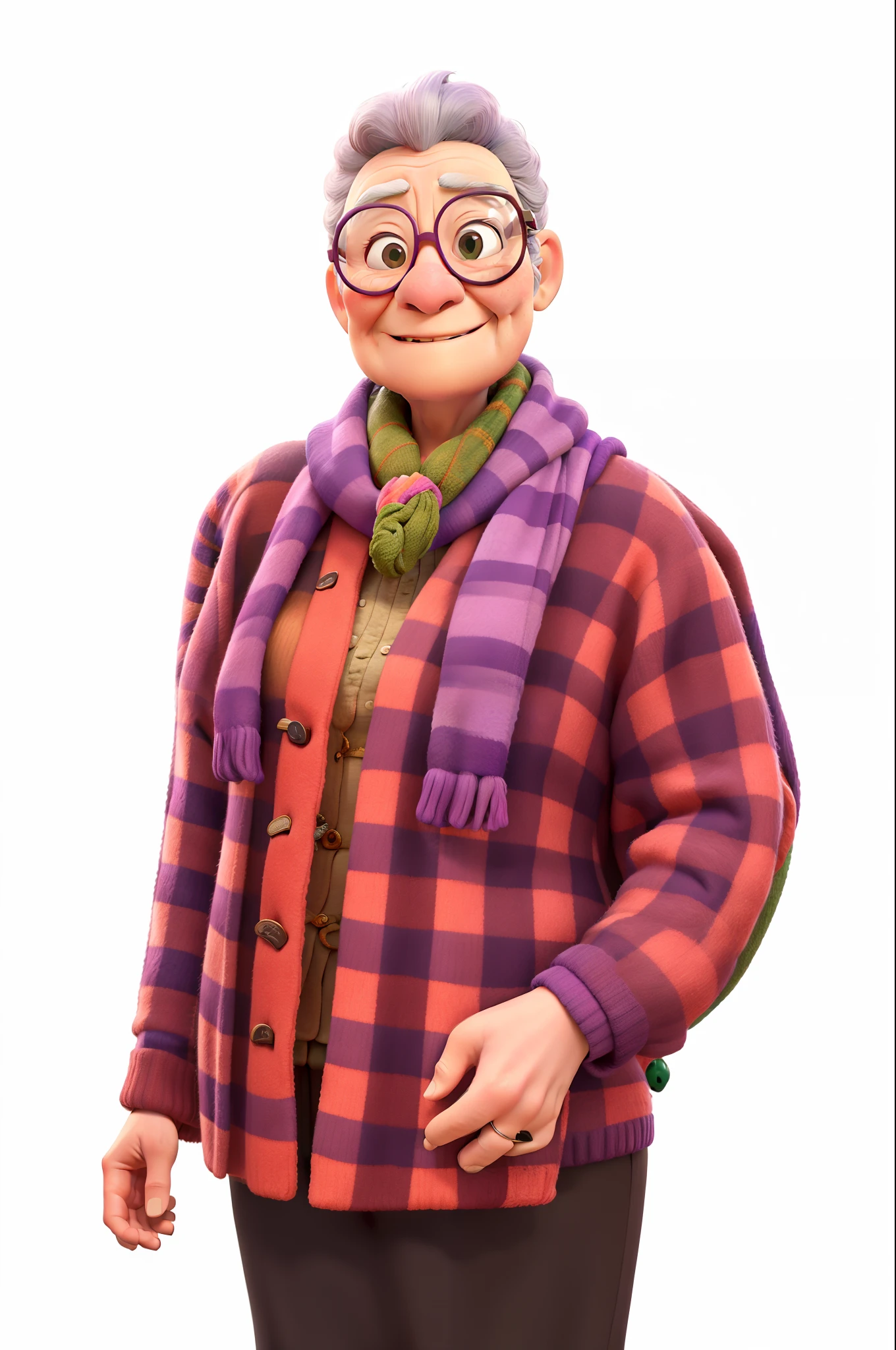 masterpiece, best quality, an old woman with glasses and a scarf on, wearing a purple coat and green scarf, standing at the park