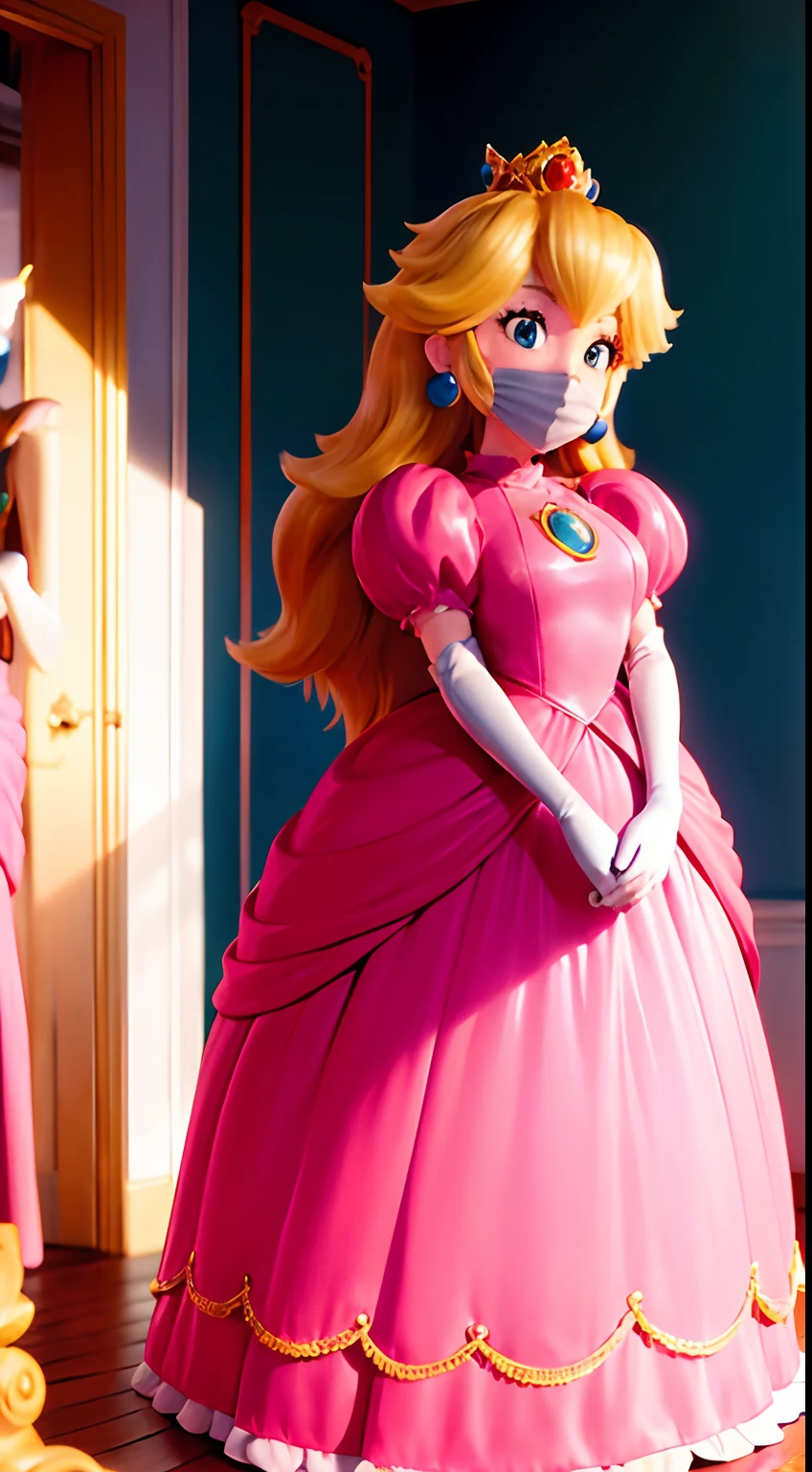 princess peach (NSFW), full body, NSFW, bondage, mouth gagged, breathplay, suffocation, death, arms and hands tied behind the back, latex mask, mouth gagged, black mask, rope, arms behind, hans behind, no arms, no hands