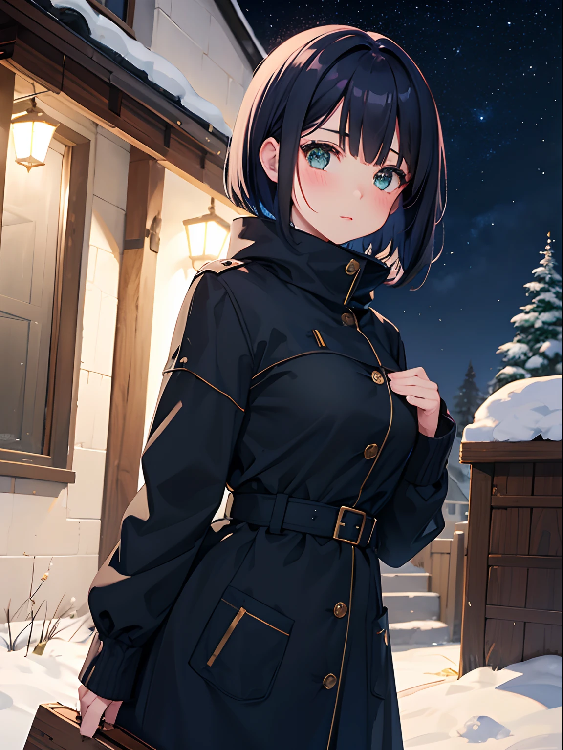 1girl in,Navy blue bob hair,Navy green eyes,Cute,blush,girlfriend,medium breasts, winter, outdoors, night, starry sky, warm clothes