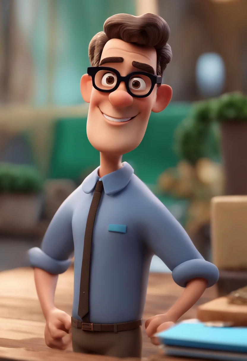 Cartoon character of a man with black glasses and a blue shirt, animation character, Caractere estilizado, animation style rendering, 3D estilizado, Arnold Maya render, 3 d render stylized, toon render keyshot, Personagem 3D, Personagem 3D, 3d rendering stylized, 3 d character render, personagem de desenho animado, Personagem de close up, Pose de personagem,  (Estilo Pixar) (master part:1.2) (Bokeh) (best quality) (pele detalhada) (textura detalhada) (8k) (argila) (Cinematic lighting) (foco nítido