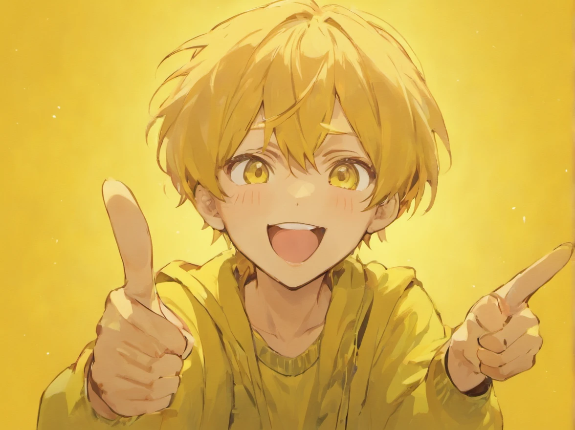 male people、Good Pose、Thumbs up、huge smile、Viewer's Perspective、bustup、yellow background
