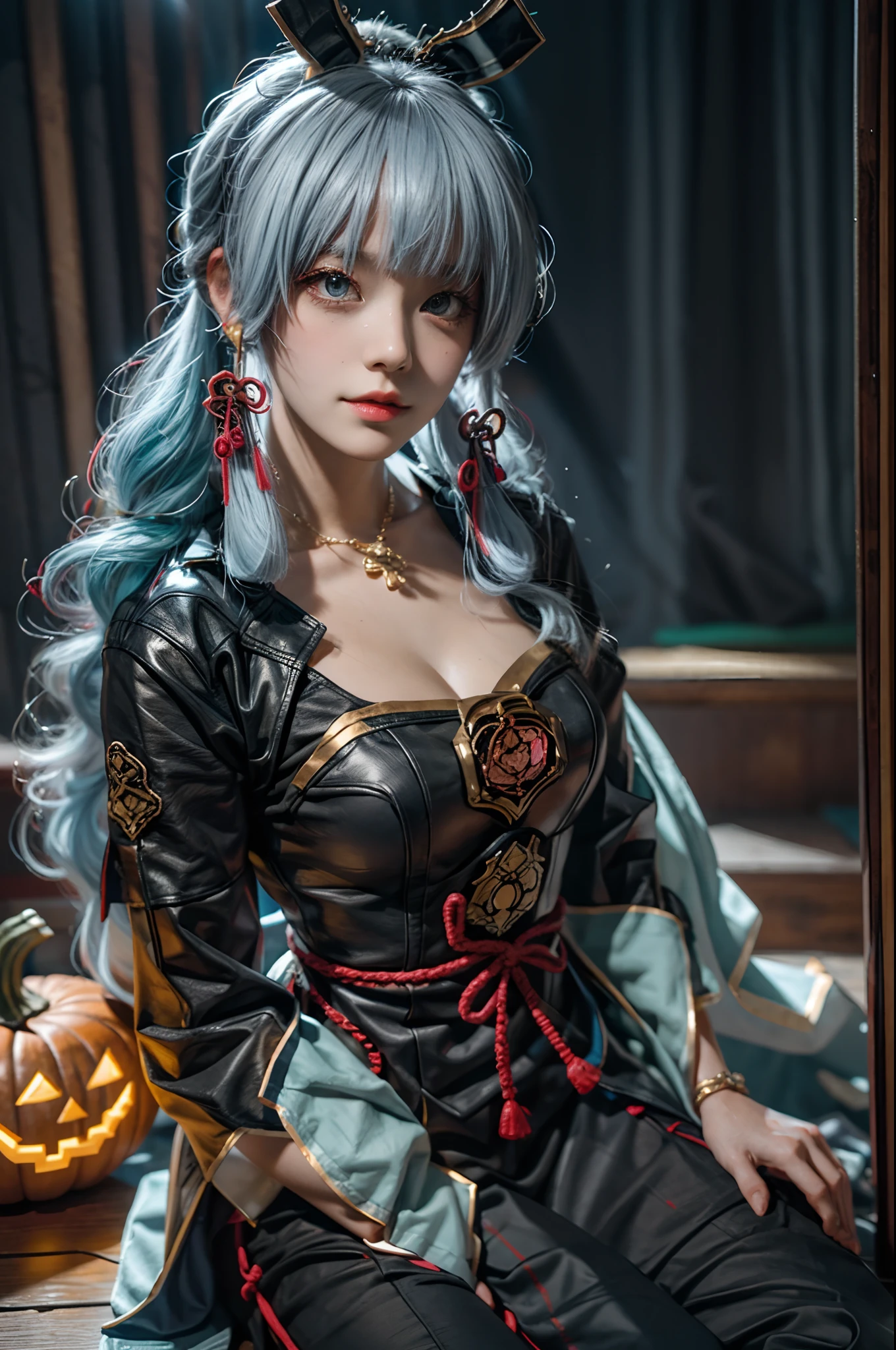 A girl,cosplaying Ayaka from the game Genshin impact, with a Halloween background, sitting,full body, pumpkin lantern, highest quality (best quality, masterpiece:1.1) and has a realistic appearance (realistic:1.4),pale white-blue hair,The focus is on the detailed depiction of the girl's face, specifically her beautiful eyes, detailed lips, and long eyelashes. The girl is dressed in a cosplay costume of the character Ayaka from Genshin impact, and the scene is set against a Halloween-themed background. The colors of the portrait are vibrant and vivid. The lighting is well-balanced, highlighting the girl's features and creating a visually appealing atmosphere,UHD, masterpiece, super detail, high quality, best quality, highres, 4K, 8k, anatomically correct, super detail