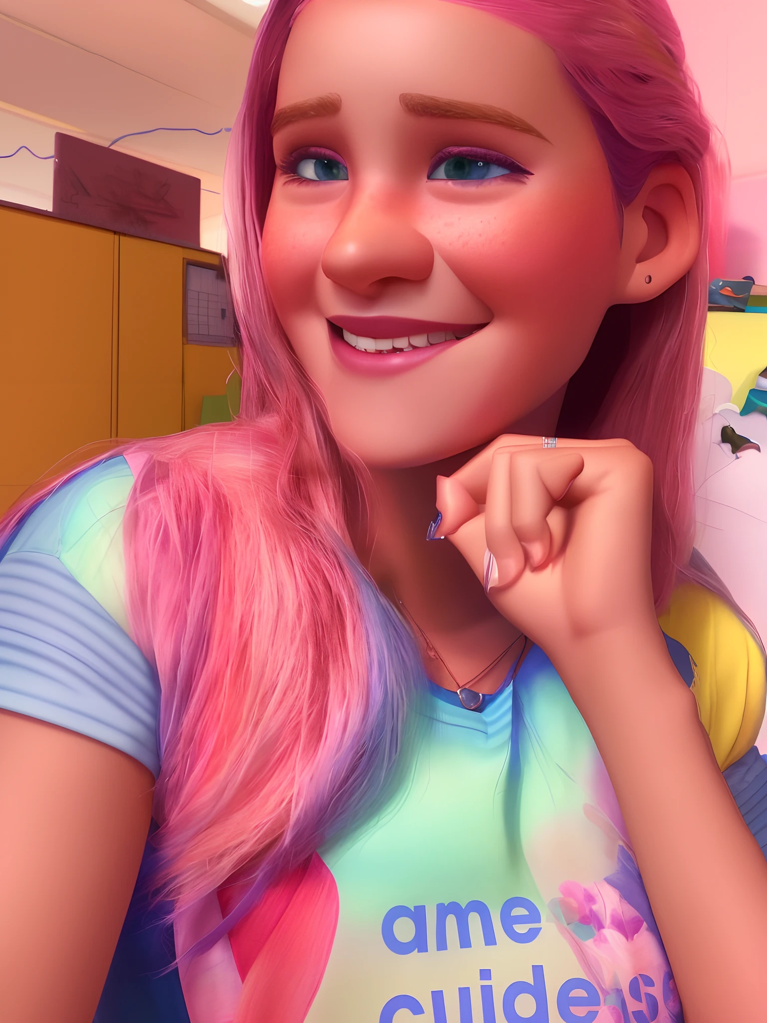 pixarstyle um retrato na altura da cintura de uma jovem em uma camiseta rosa, sorriso, s office, textura natural da pele, texturas 4k, hdr, intrincado, altamente detalhado, foco nítido, cinematic visual, hiperdetalhado