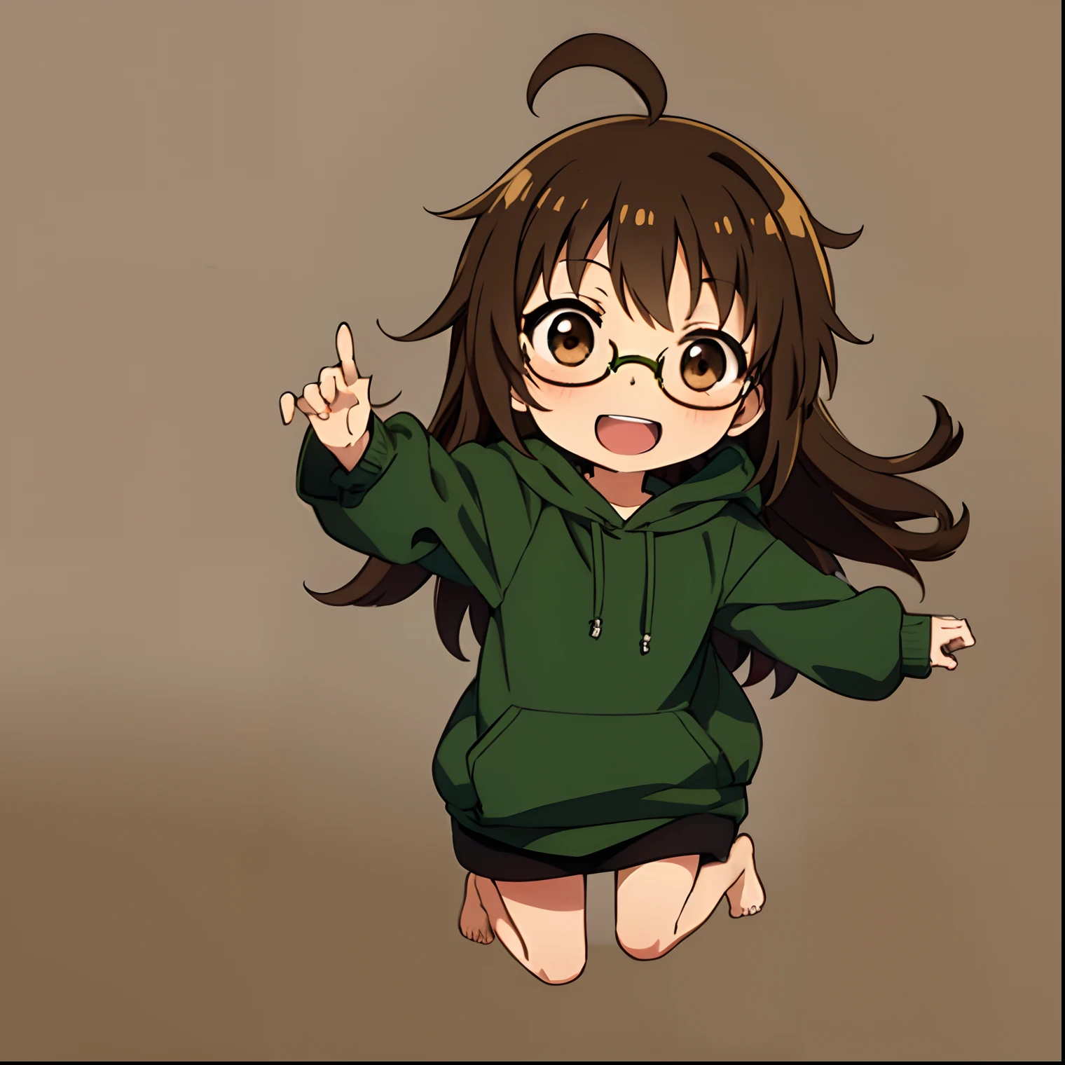 (chibi:1.3), green hoodie, long hair, brown hair, brown eyes, Black-rimmed glasses, smile, open mouth, jumping, barefoot
