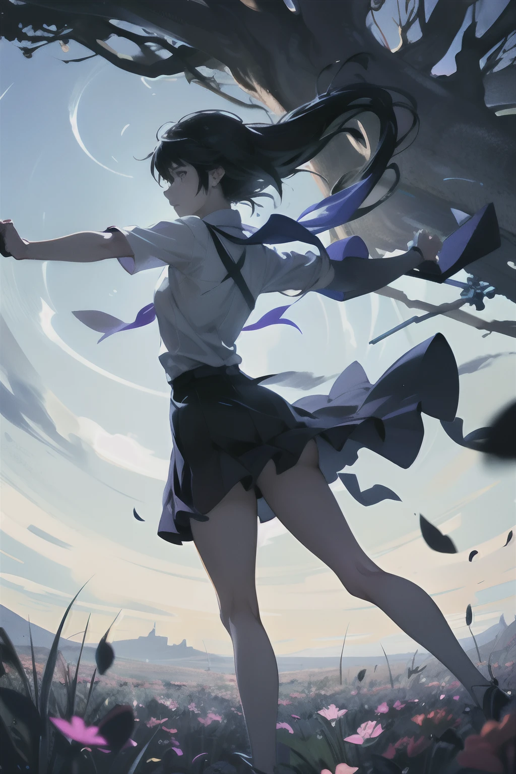 by Makoto Shinkai, (girl running through time), existential, otherworldly, mysterious, surreal, suspenseful, unsettling, immensely detailed, high contrast