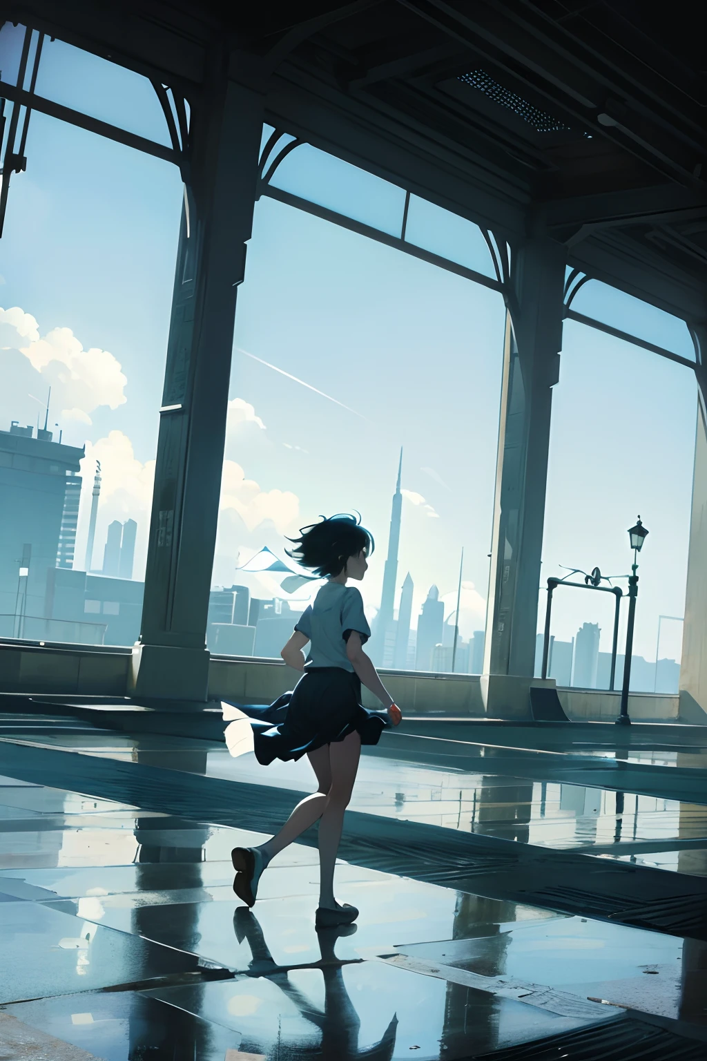 by Makoto Shinkai, (girl running through time), existential, otherworldly, mysterious, surreal, suspenseful, unsettling, immensely detailed, high contrast