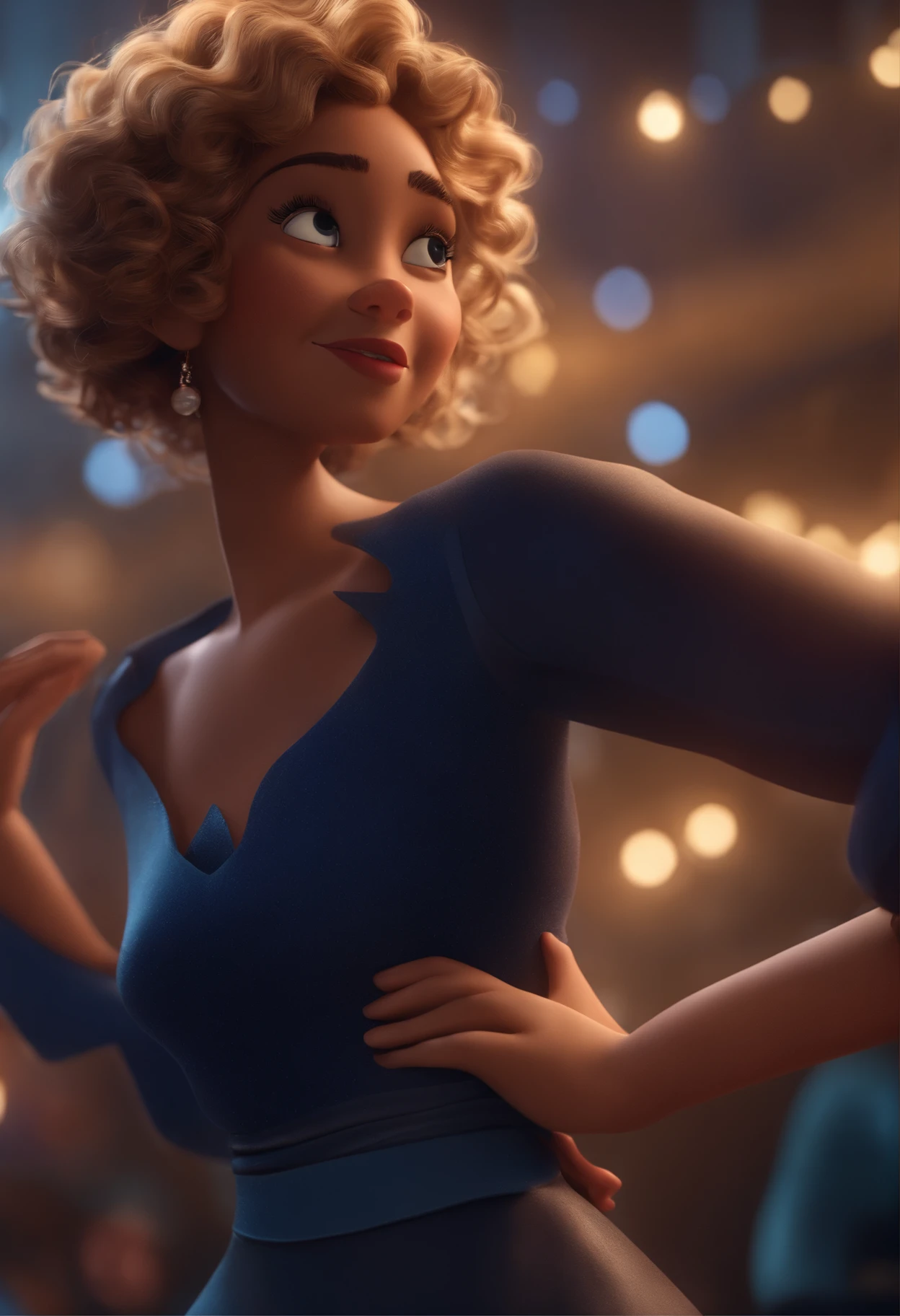 Pixar style image with 3D character dark blonde woman short curly hair dancing, Maquiagem Disney,Pescador, bonitinho, sorridente ,Close-up, Pixar, Disney, Cinema lighting,