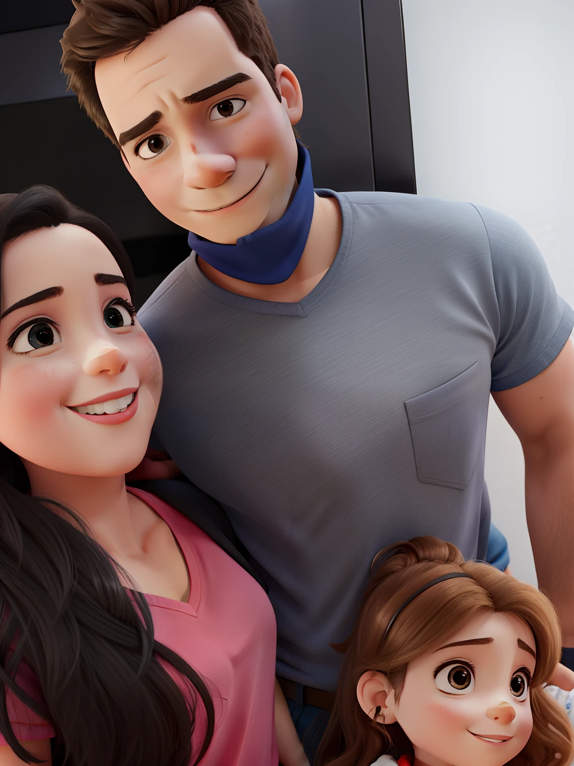 Happy family in elevator hall, homem com 32 e mulher de 27 anos, Girl of 8