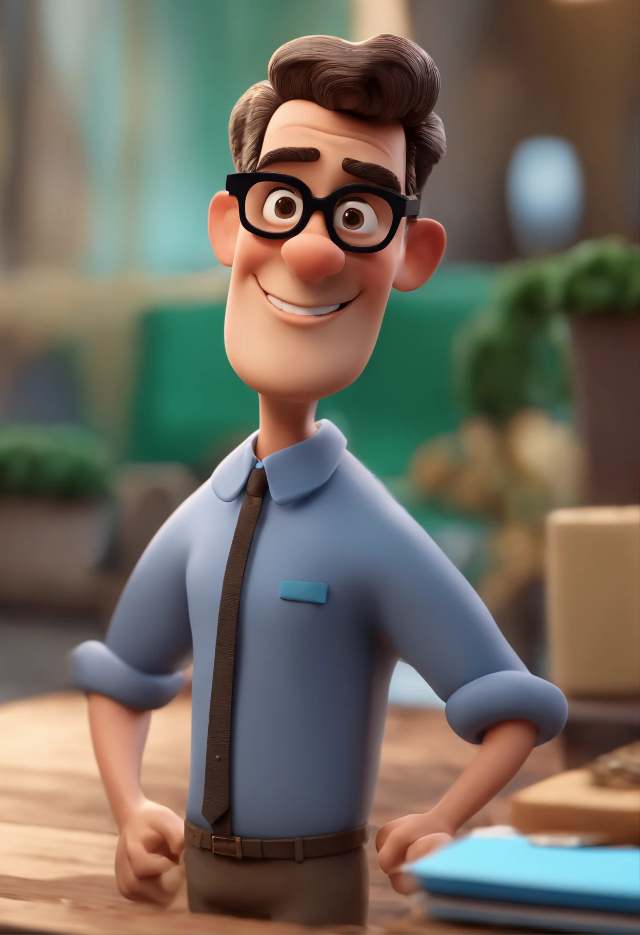 Cartoon character of a man with black glasses and a blue shirt, animation character, Caractere estilizado, animation style rendering, 3D estilizado, Arnold Maya render, 3 d render stylized, toon render keyshot, Personagem 3D, Personagem 3D, 3d rendering stylized, 3 d character render, personagem de desenho animado, Personagem de close up, Pose de personagem,  (Estilo Pixar) (master part:1.2) (Bokeh) (best quality) (pele detalhada) (textura detalhada) (8k) (argila) (Cinematic lighting) (foco nítido