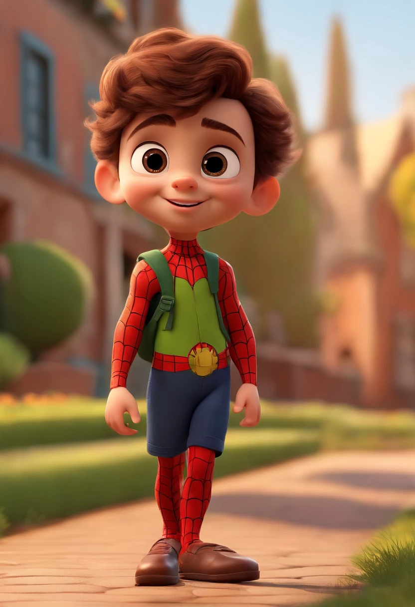a happy cute ??? standing short hair, vestindo uma fantasia do homem aranha, , fundo branco, barnet, Tom, Estilo Pixar, ....3d, desenhos animados, rosto detalhado, asymmetrical 16k