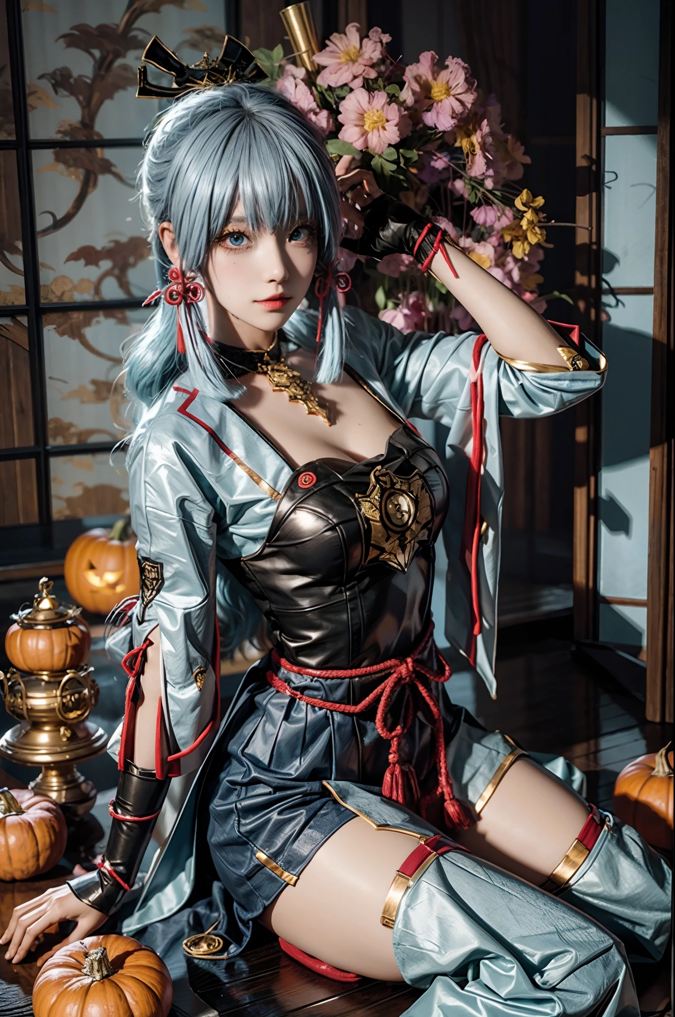 A girl,cosplaying Ayaka from the game Genshin impact, with a Halloween background, sitting,full body, pumpkin lantern, highest quality (best quality, masterpiece:1.1) and has a realistic appearance (realistic:1.4),pale white-blue hair,The focus is on the detailed depiction of the girl's face, specifically her beautiful eyes, detailed lips, and long eyelashes. The girl is dressed in a cosplay costume of the character Ayaka from Genshin impact, and the scene is set against a Halloween-themed background. The colors of the portrait are vibrant and vivid. The lighting is well-balanced, highlighting the girl's features and creating a visually appealing atmosphere,UHD, masterpiece, super detail, high quality, best quality, highres, 4K, 8k, anatomically correct, super detail