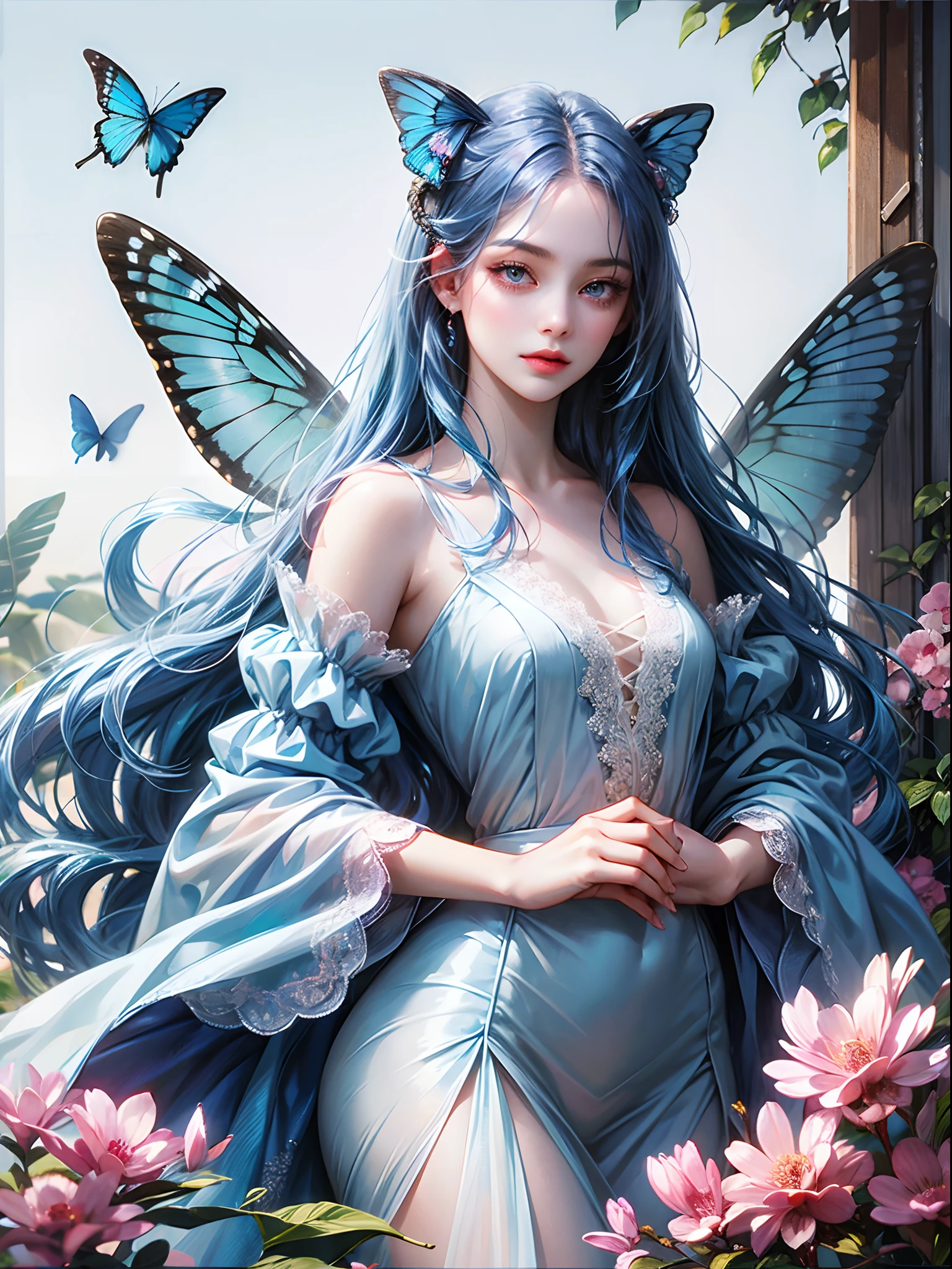 a young woman, blue butterfly wings, long blue hair, pink eyes
