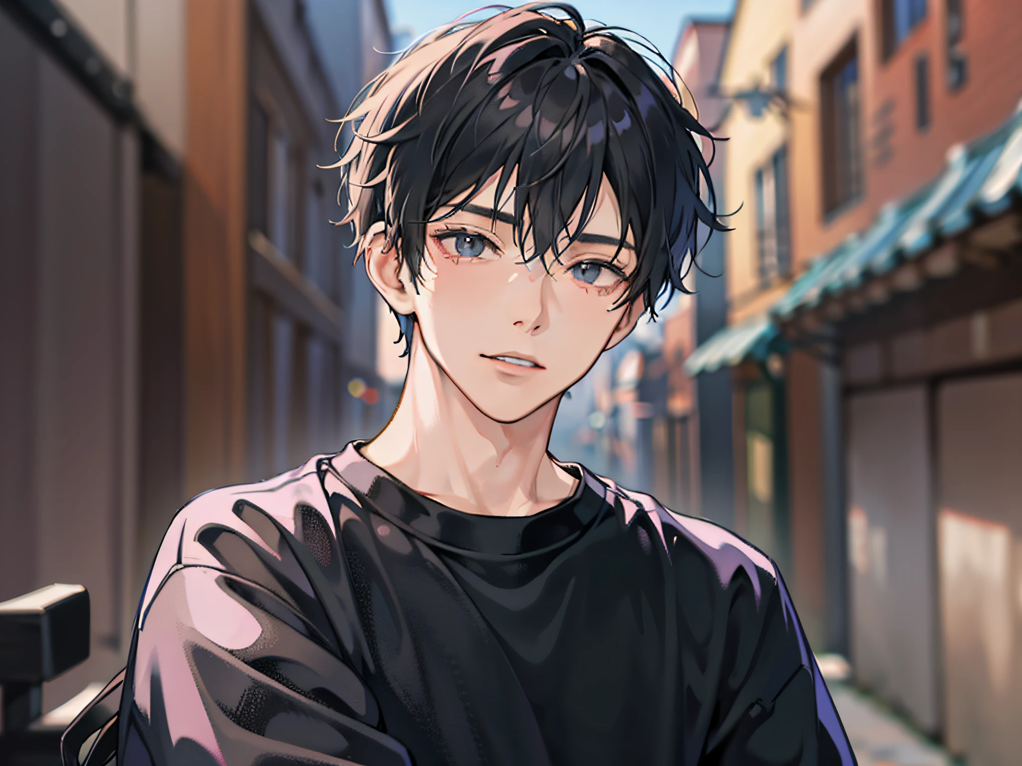 Anime boy with black hair and blue eyes standing in a narrow alley ...