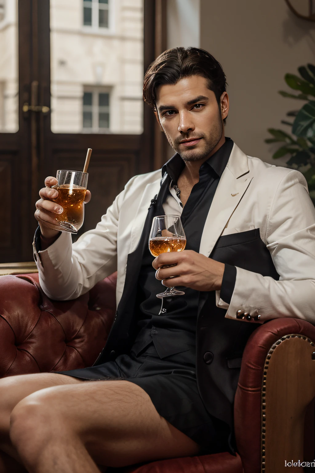 (8k, best quality, master part:), Lúcifer Morningstar, A British male male angel with dark hair, sorriso travesso, Asas flamejantes, diabo, FALLEN ANGEL, Chamas no fundo, Detalhes, terno escuro, tema do clube, 1:1 ratio, sitting on a throne drinking whiskey, Detalhes, Realistic
