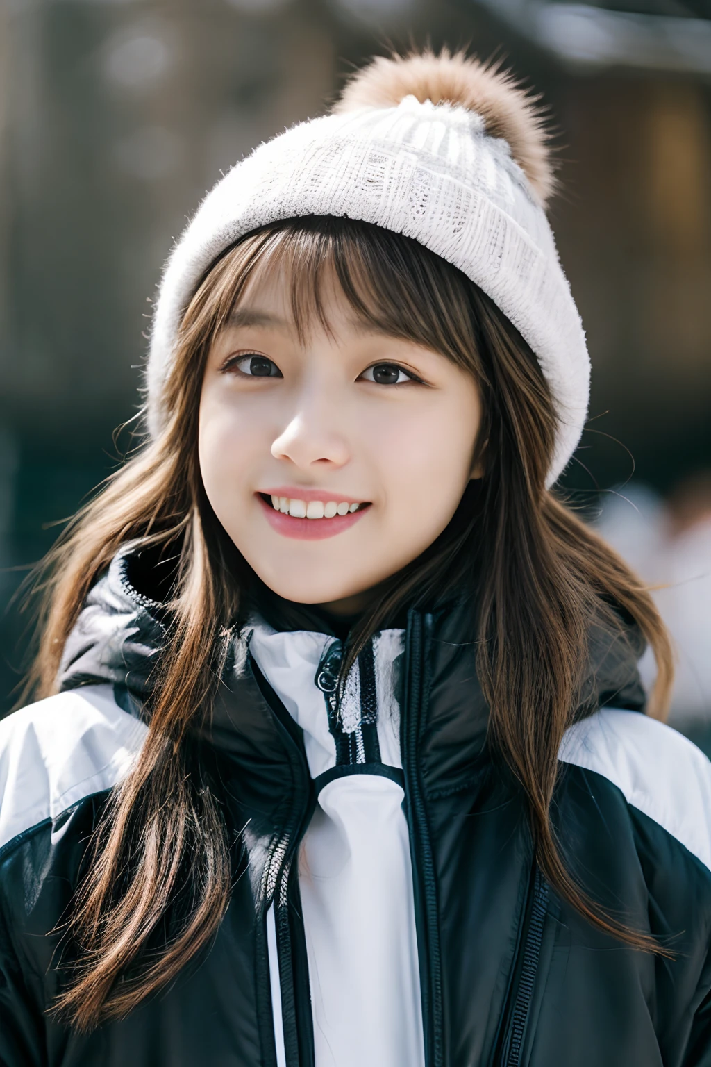 masterpiece、4K、top-quality、beautiful Korean women、detail portrayal、1 girl in、23years old、(Ski Wear、undergarment:1.1)、(a ski:1.1)、(filmg, Ilford HP5, 80mm)、 depth of fields、cowboy shot、ssmile