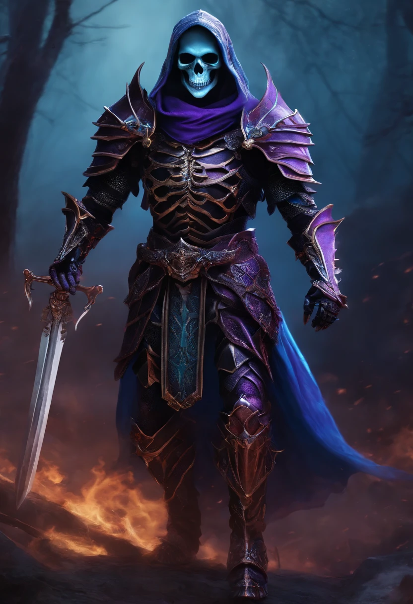 a purple, blue and black skeleton with red eyes with a hood and a skeleton ghost behind him, skeleton knight, skeleton inspired blue and purple armor, epic fantasy digital art style, demonic skeleton inspired armor, blue snd purple armor, epic fantasy art style hd, 4k fantasy art, dragon armor, epic fantasy art style, fantasy inspired dragon armor, dragon inspired armor, 8k fantasy art, epic fantasy digital art, in comic book style
